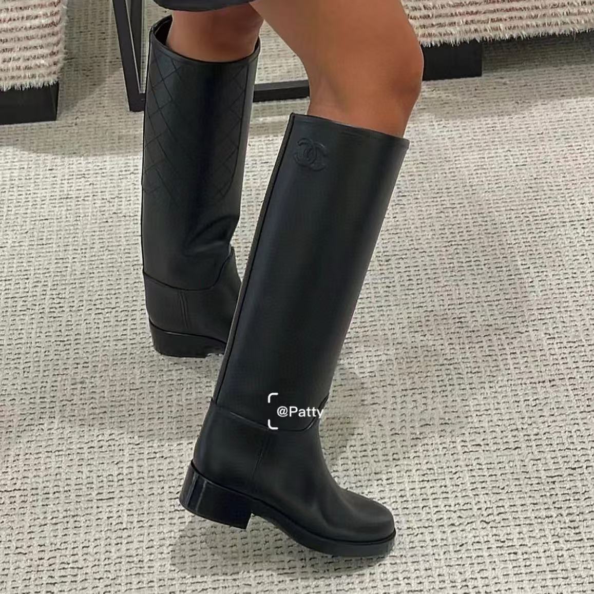 CHANE1 高品質ダブルCチェック柄牛革ハイブーツ【50％割引+送料無料】