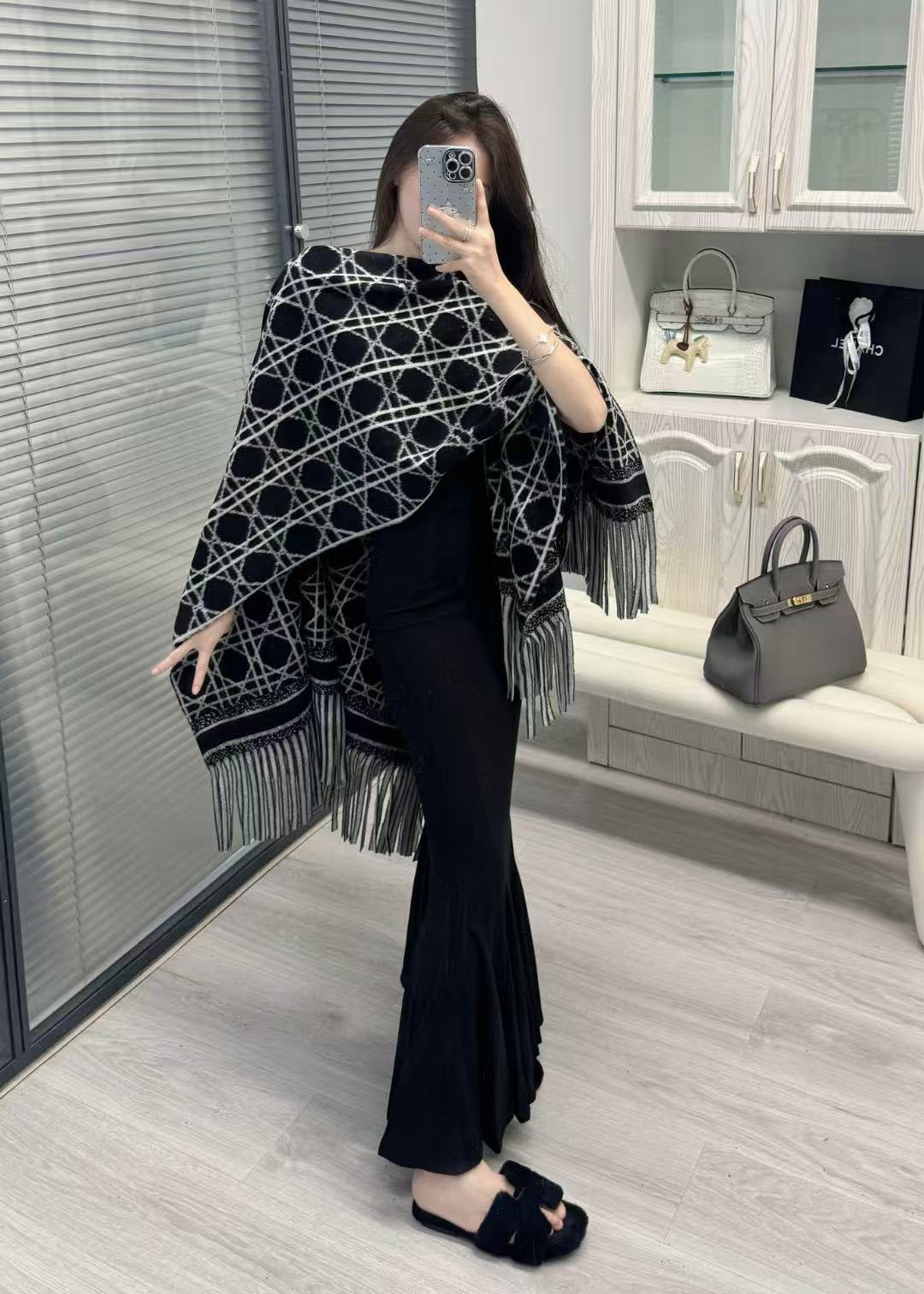 DI0R チェック柄タッセル カシミアスカーフ【50％割引+送料無料】