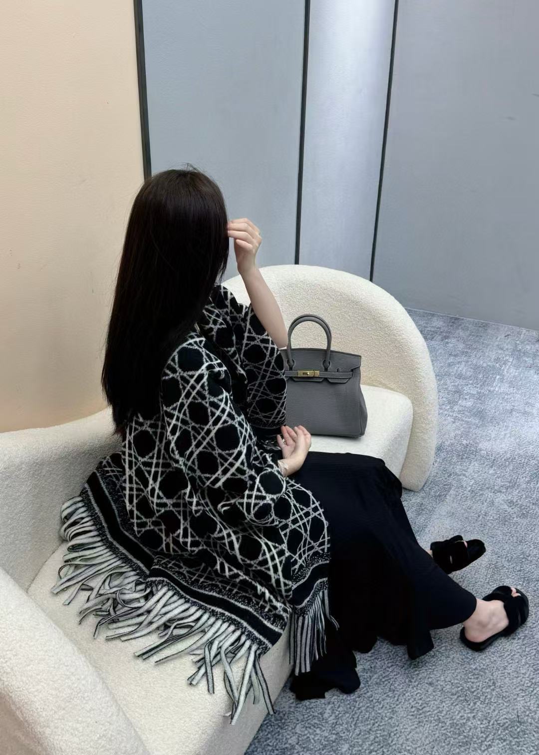 DI0R チェック柄タッセル カシミアスカーフ【50％割引+送料無料】