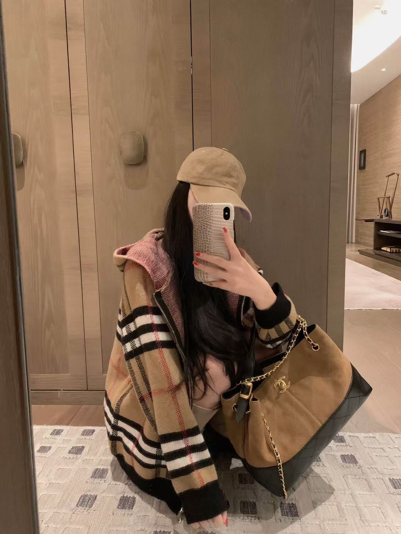 BUR8ERRY フード付きチェック柄ウールカーディガン【50％割引+送料無料】