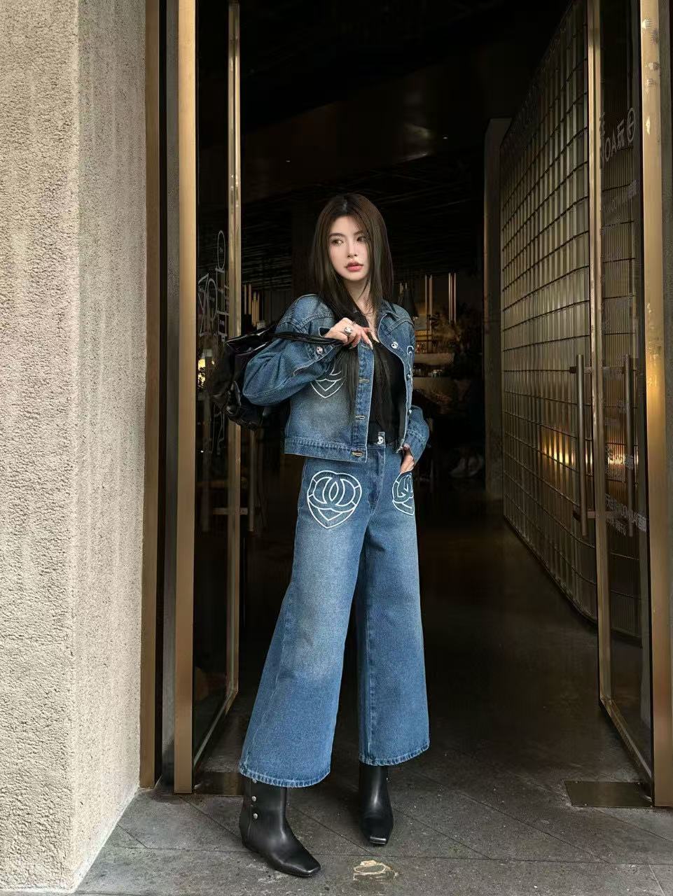 CHANE1 ダブルC ピーチハート デニムジャケット+パンツ ツーピースセット【50％割引+送料無料】