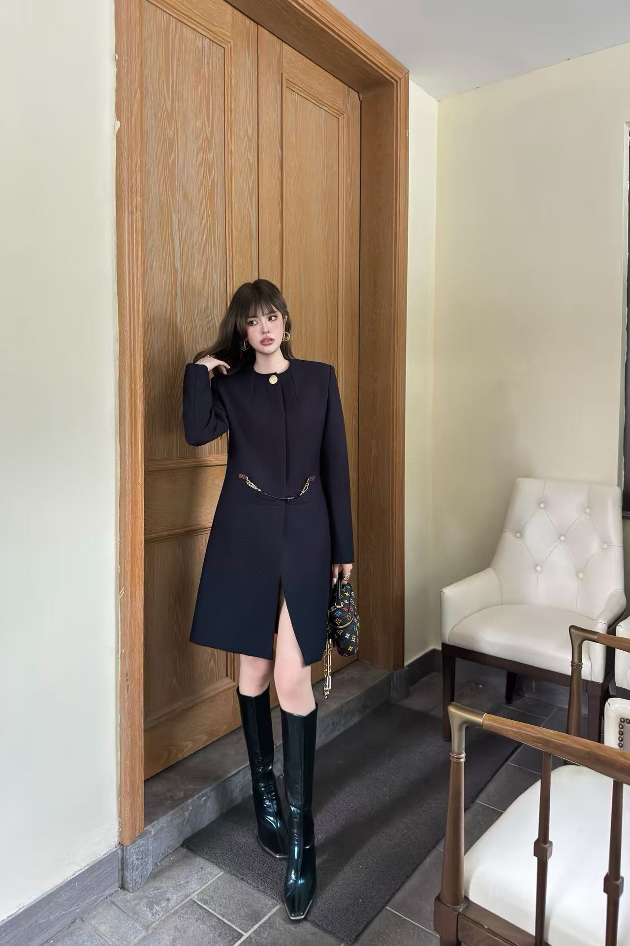 LVラウンドネックシンプルロングコート【50％割引+送料無料】