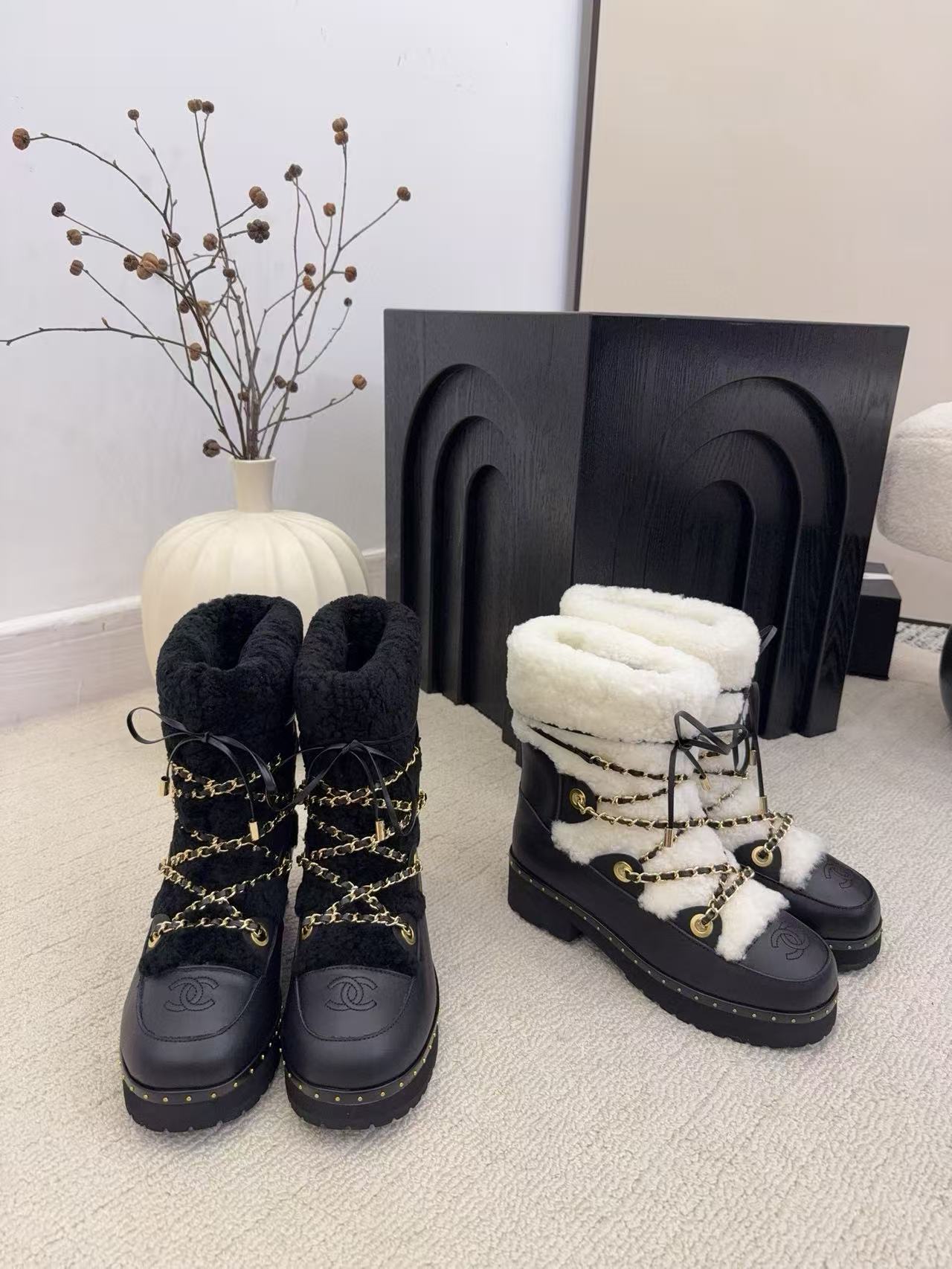 CHANE1 高品質ラムウールチェーンスノーブーツ【50％割引+送料無料】