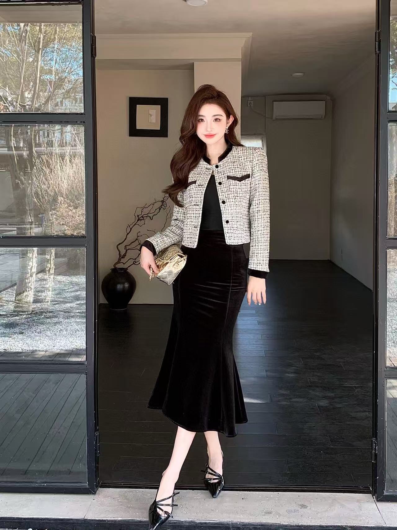 CHANE1 高級ジャケット+ベルベットスカート ツーピースセット【50％割引+送料無料】