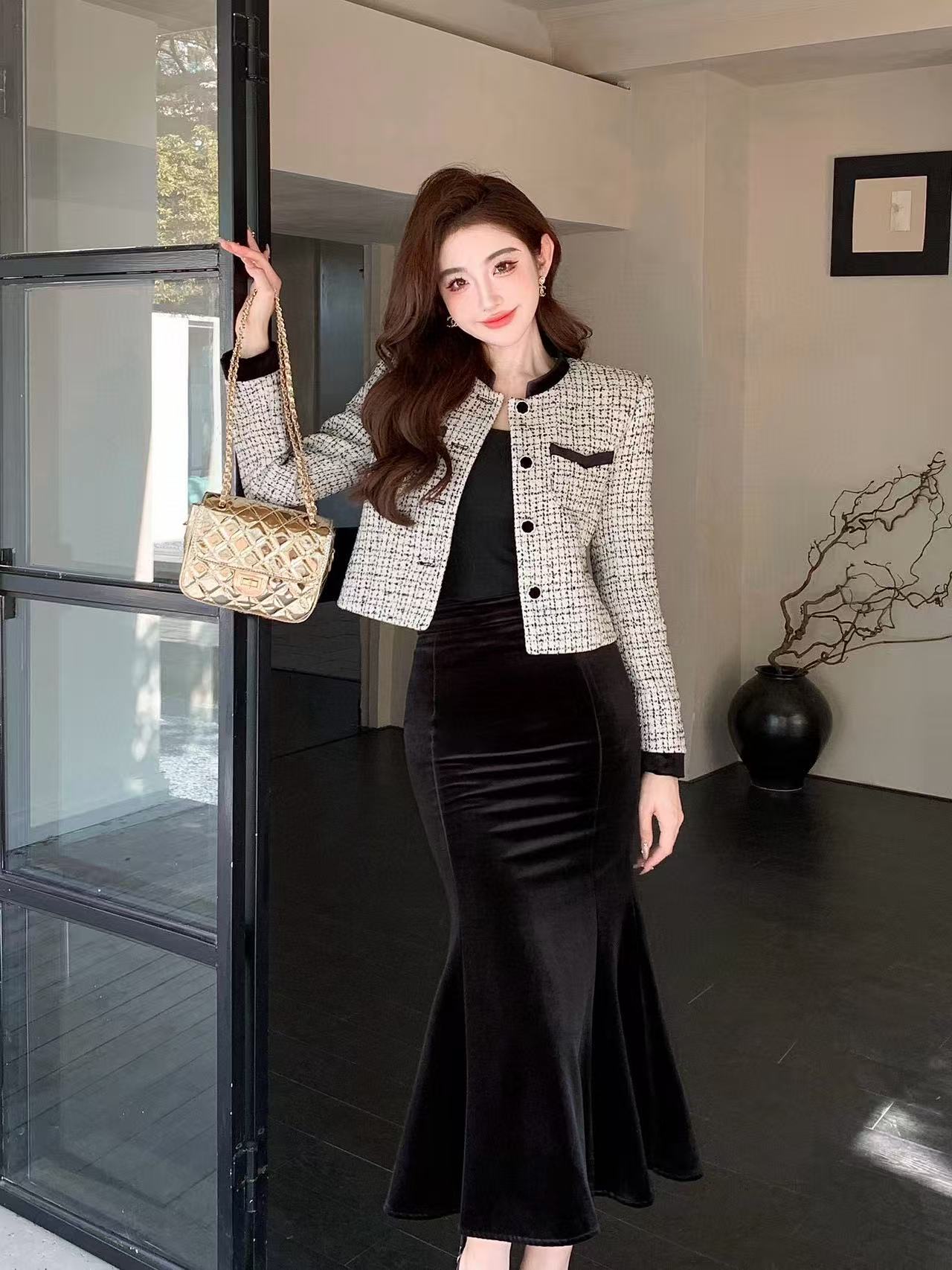 CHANE1 高級ジャケット+ベルベットスカート ツーピースセット【50％割引+送料無料】