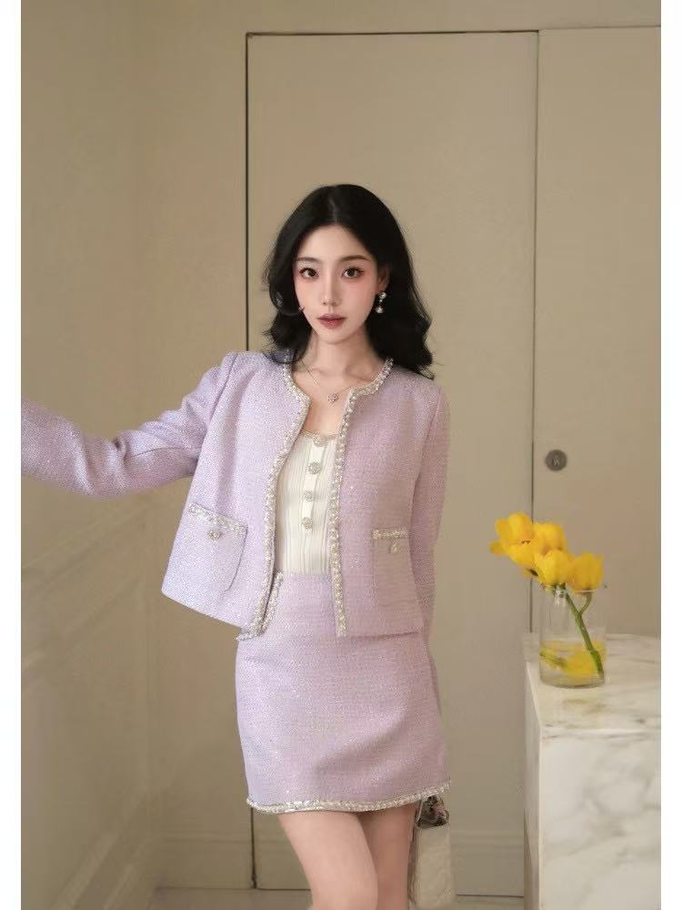 CHANE1 高品質ビーズエッジジャケット+スカート ツーピースセット【50％割引+送料無料】