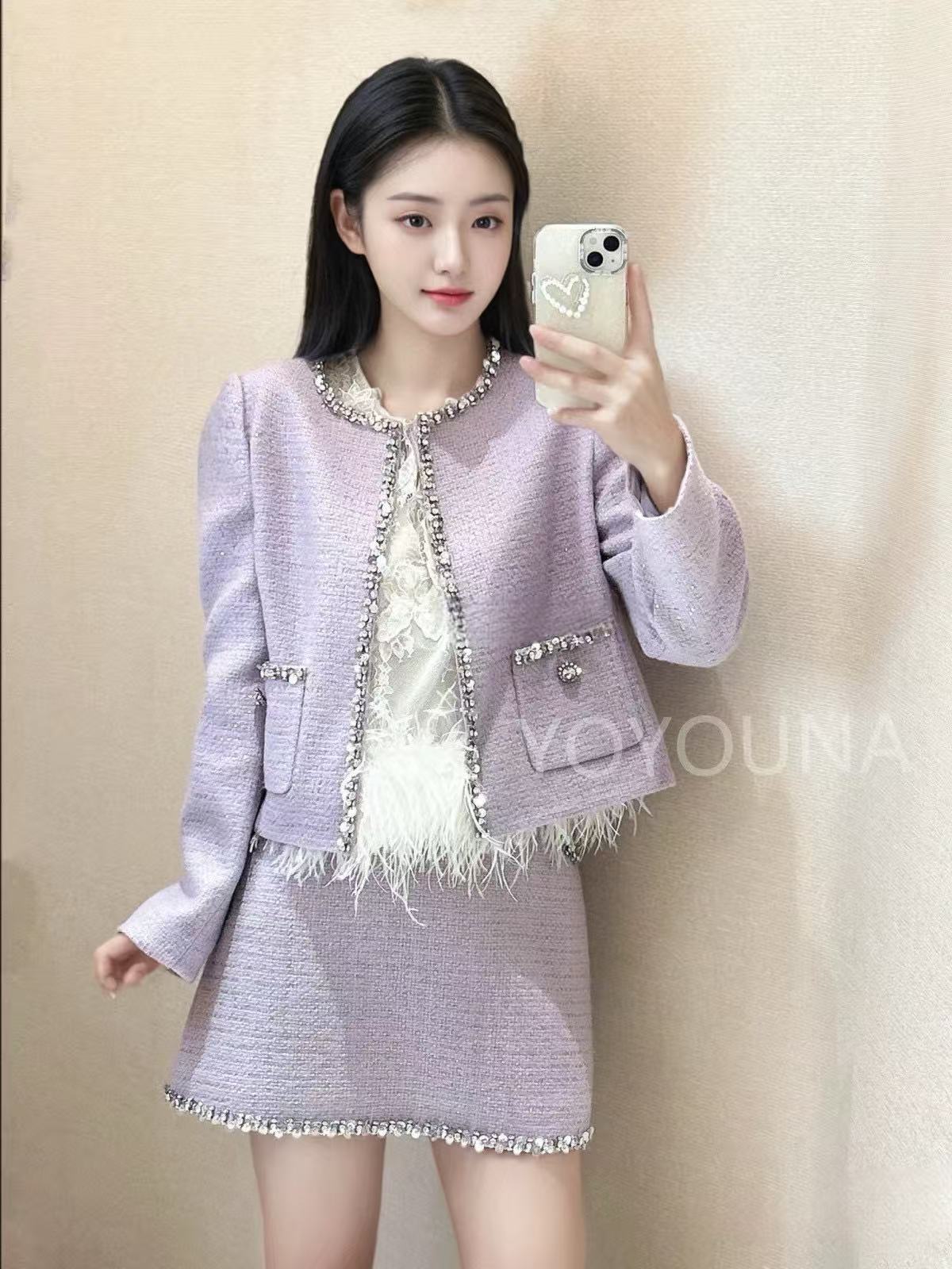 CHANE1 高品質ビーズエッジジャケット+スカート ツーピースセット【50％割引+送料無料】