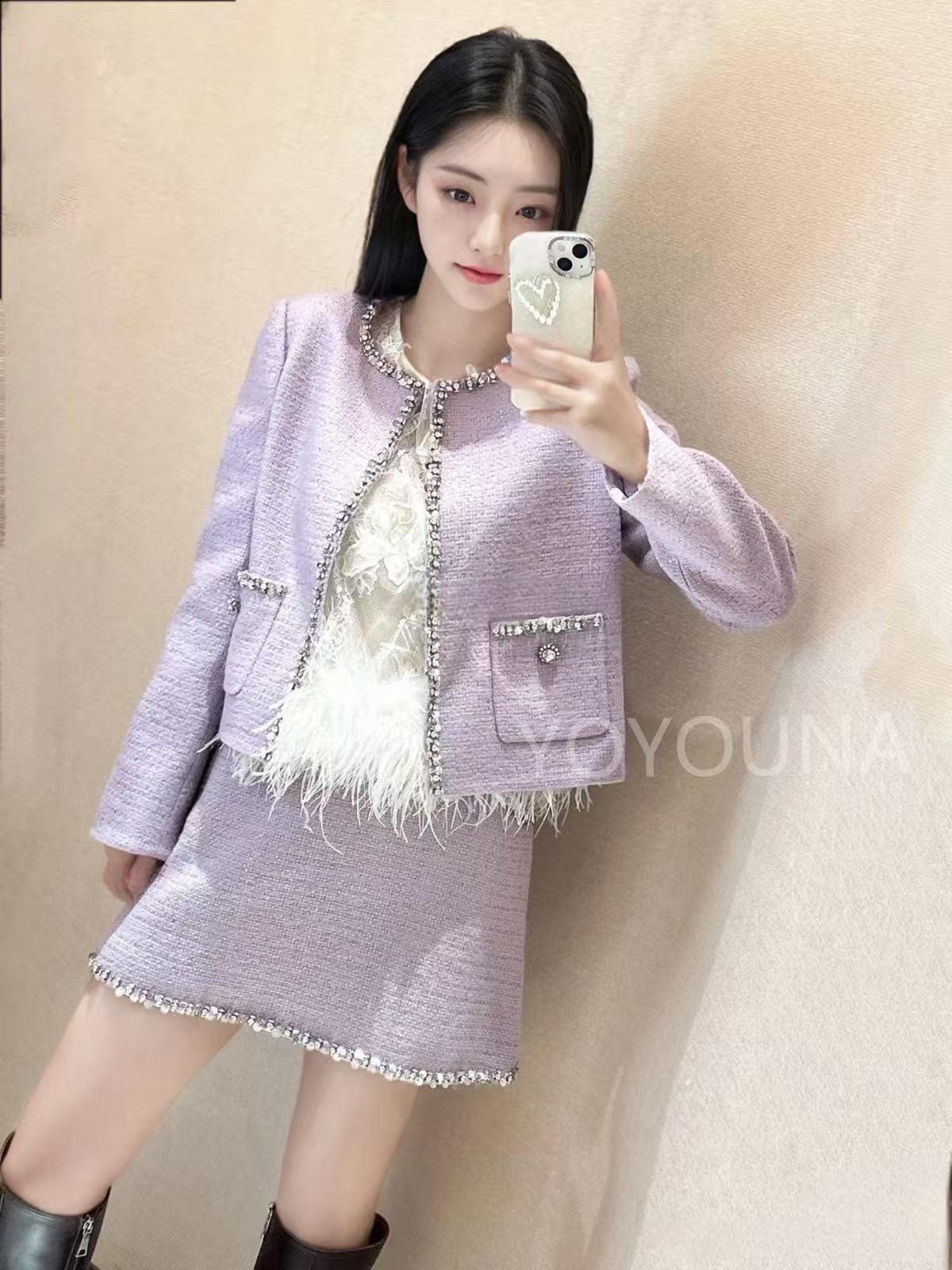 CHANE1 高品質ビーズエッジジャケット+スカート ツーピースセット【50％割引+送料無料】