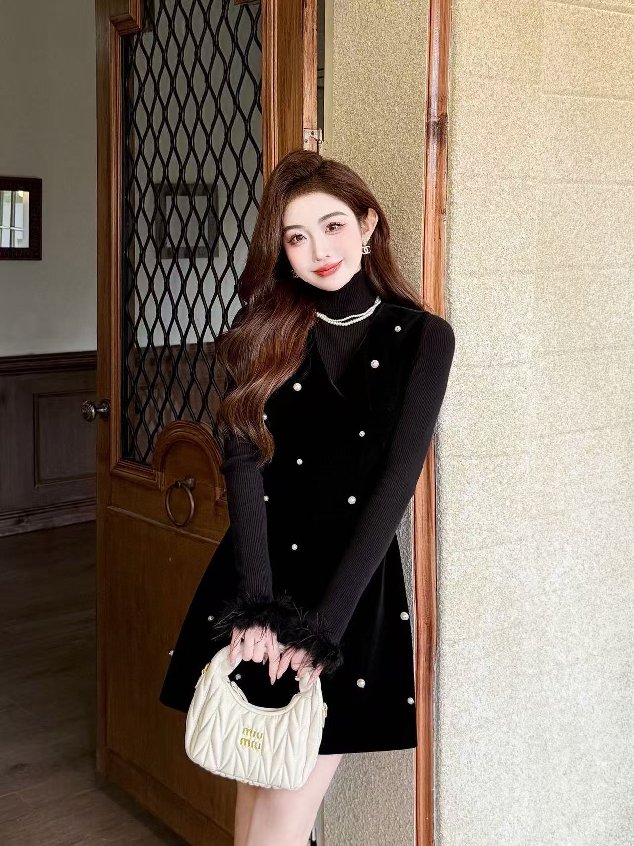 CHANE1 高品質パールベルベットベストスカート+セーターツーピースセット【50％割引+送料無料】