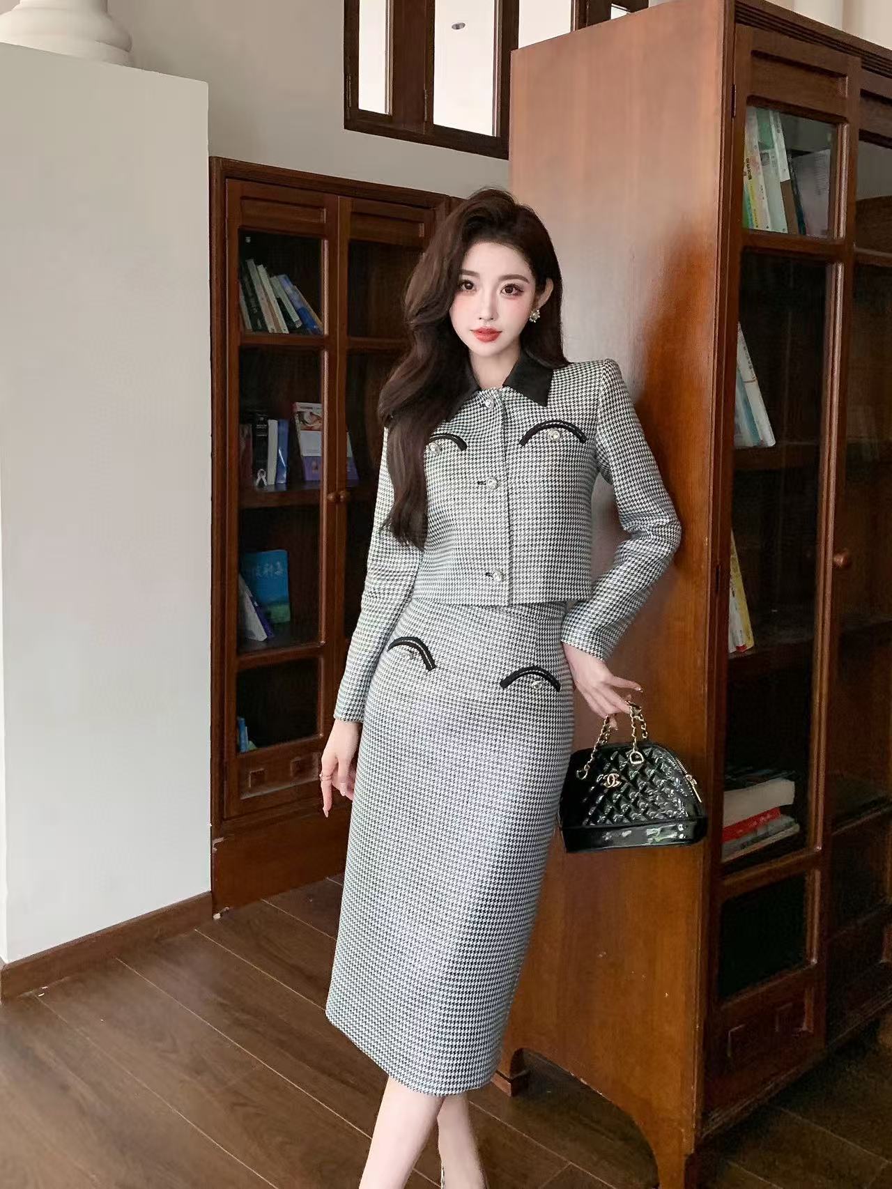 CHANE1 上質な千鳥格子コート+スカートのツーピースセット【50％割引+送料無料】