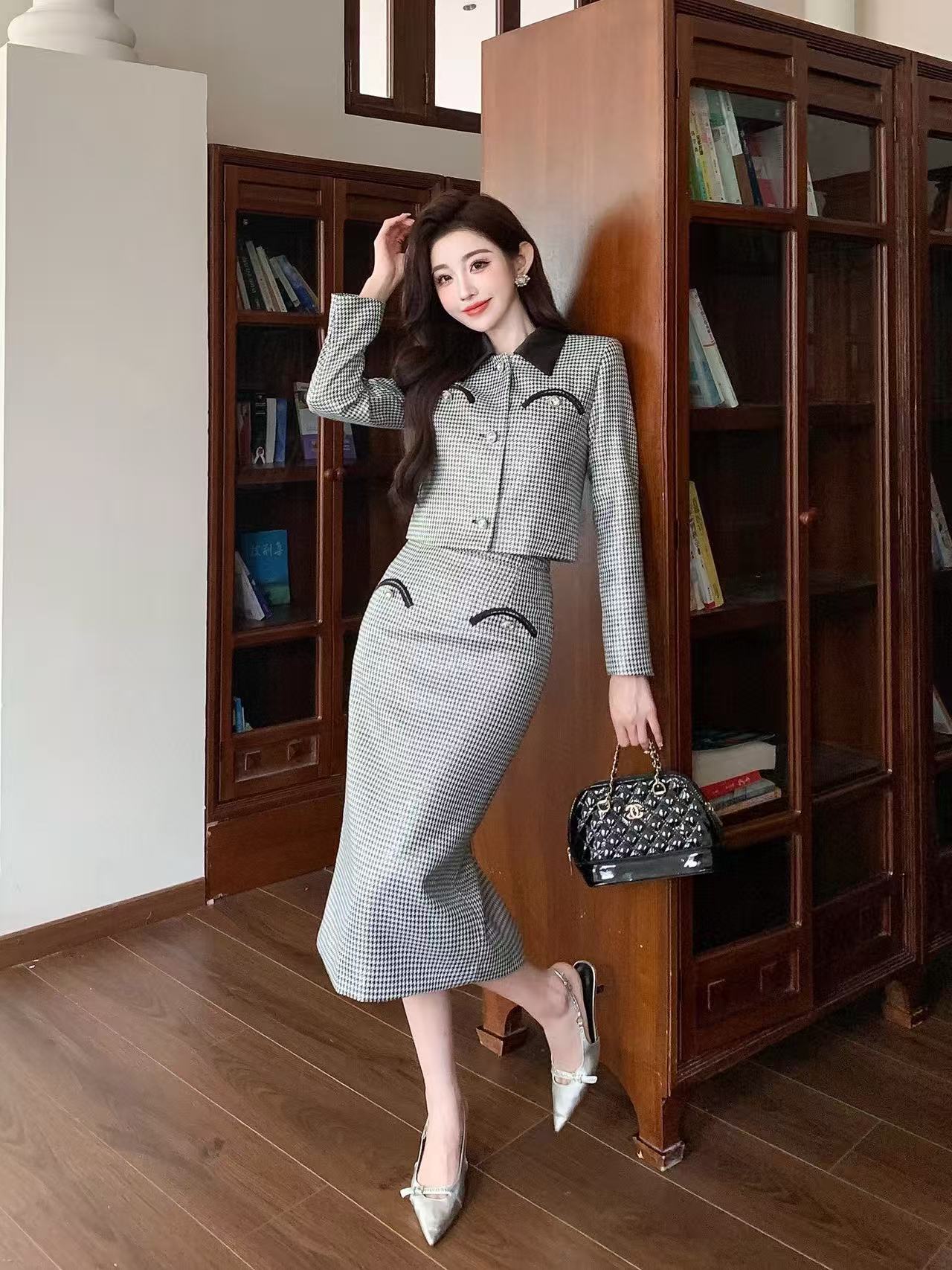 CHANE1 上質な千鳥格子コート+スカートのツーピースセット【50％割引+送料無料】