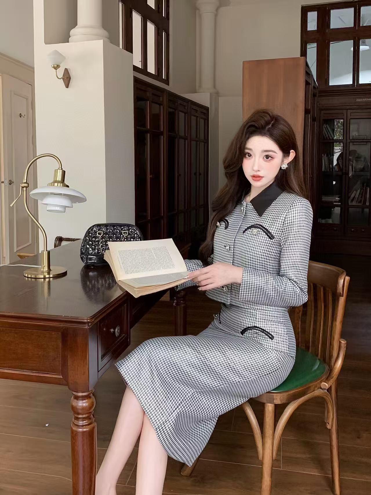 CHANE1 上質な千鳥格子コート+スカートのツーピースセット【50％割引+送料無料】