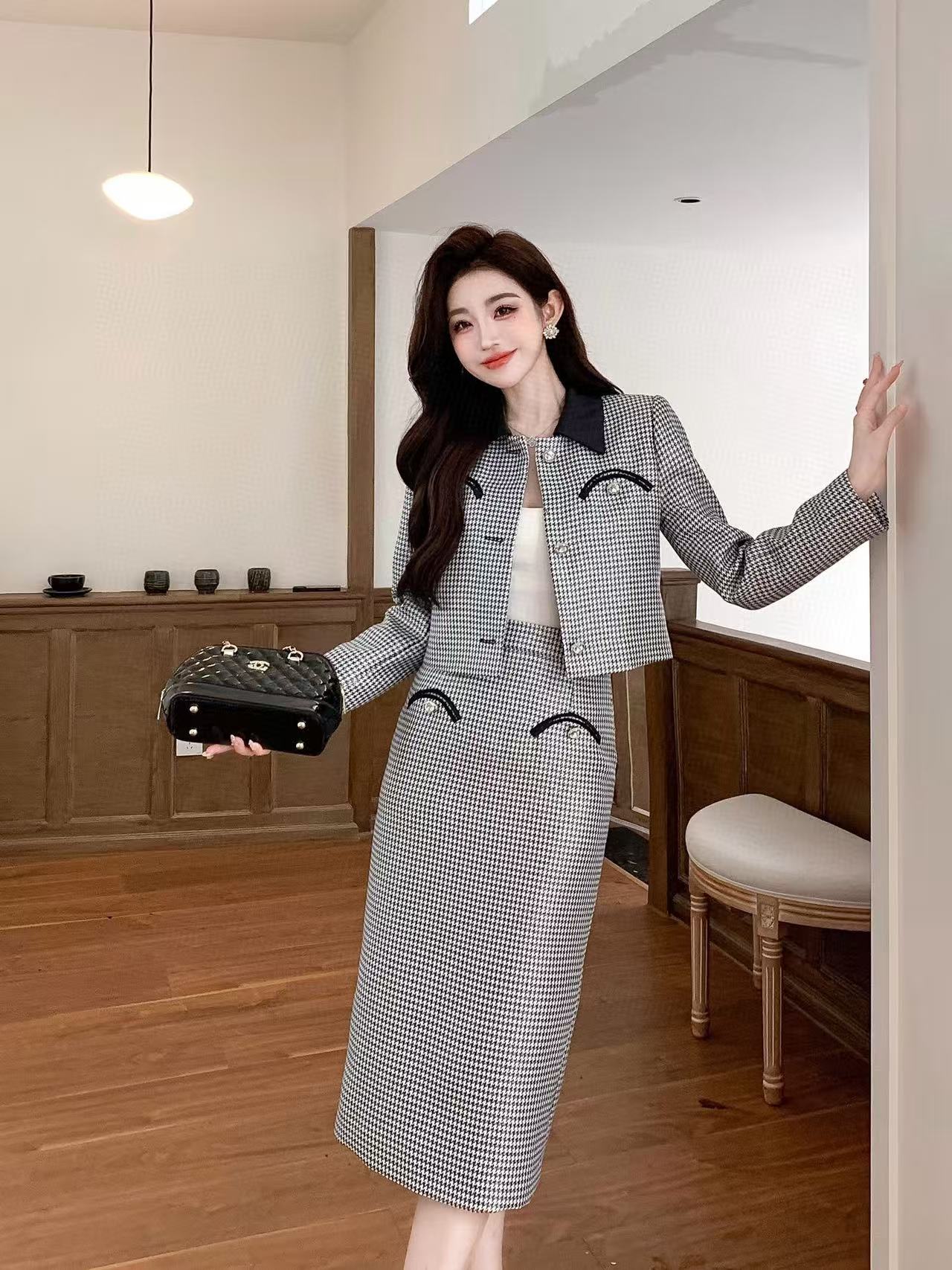 CHANE1 上質な千鳥格子コート+スカートのツーピースセット【50％割引+送料無料】