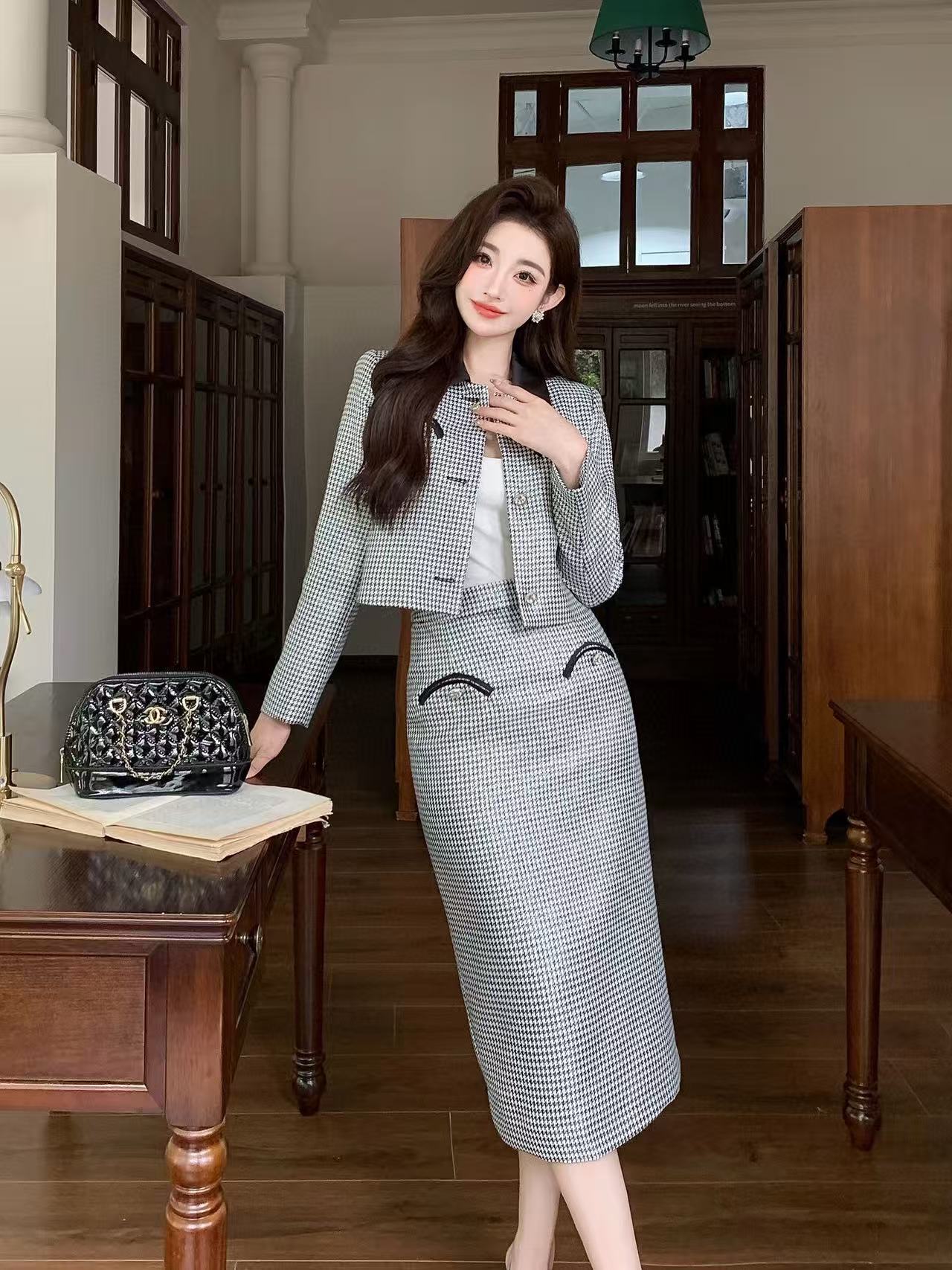 CHANE1 上質な千鳥格子コート+スカートのツーピースセット【50％割引+送料無料】