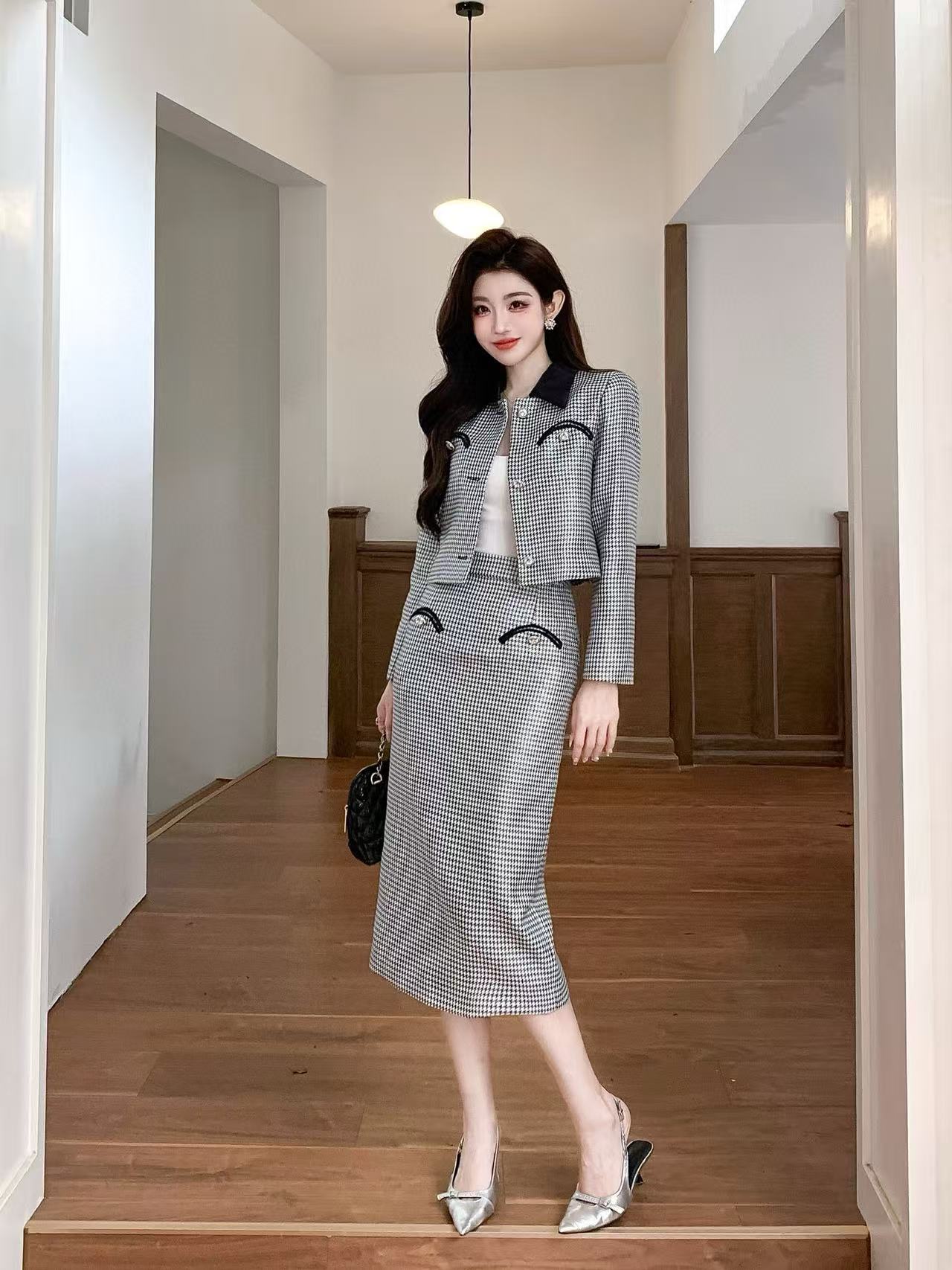 CHANE1 上質な千鳥格子コート+スカートのツーピースセット【50％割引+送料無料】