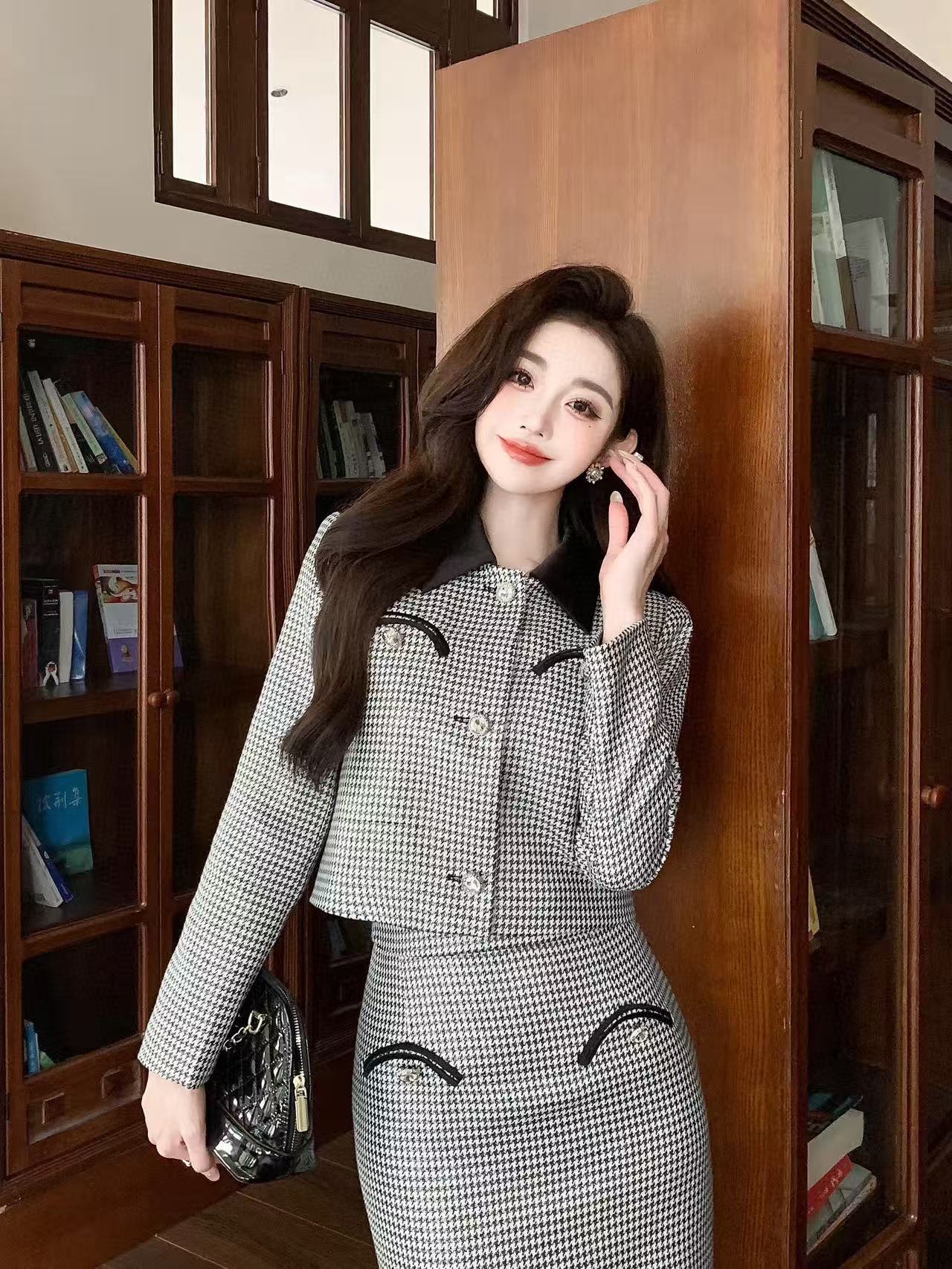 CHANE1 上質な千鳥格子コート+スカートのツーピースセット【50％割引+送料無料】