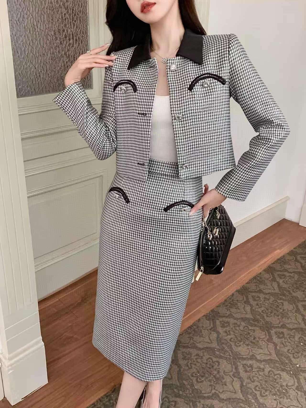 CHANE1 上質な千鳥格子コート+スカートのツーピースセット【50％割引+送料無料】