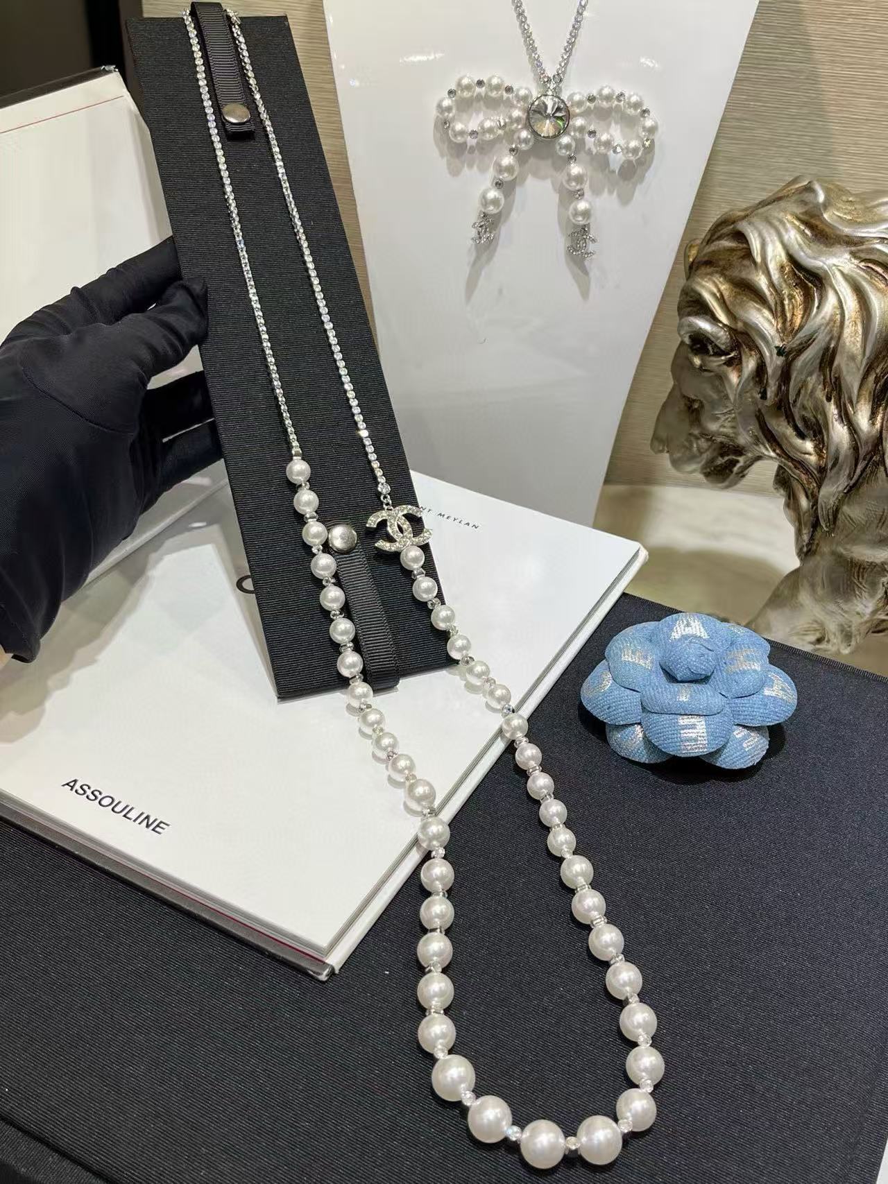 CHANE1 ダブルC ダイヤモンドパール セーターネックレス【50％割引+送料無料】