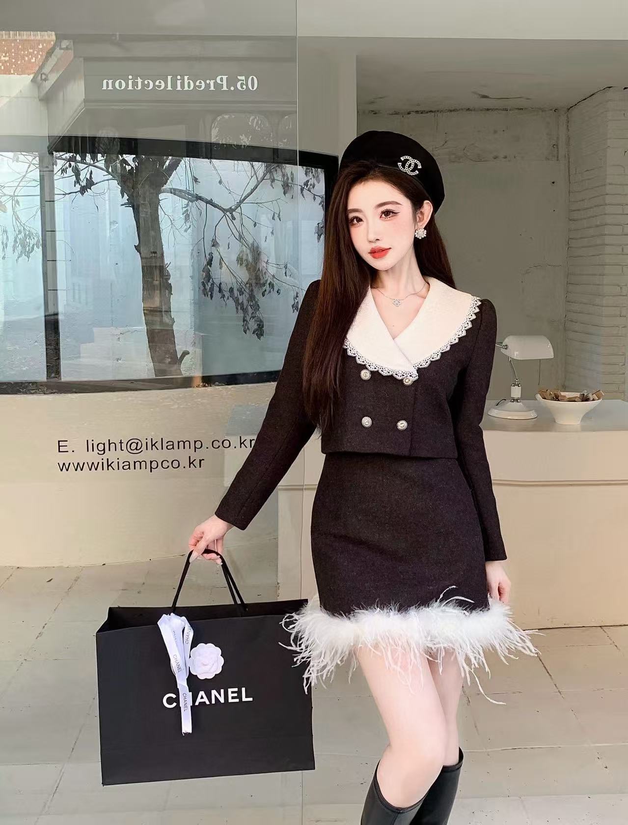 CHANE1 高品質Vネックジャケット+スカート2点セット【50％割引+送料無料】