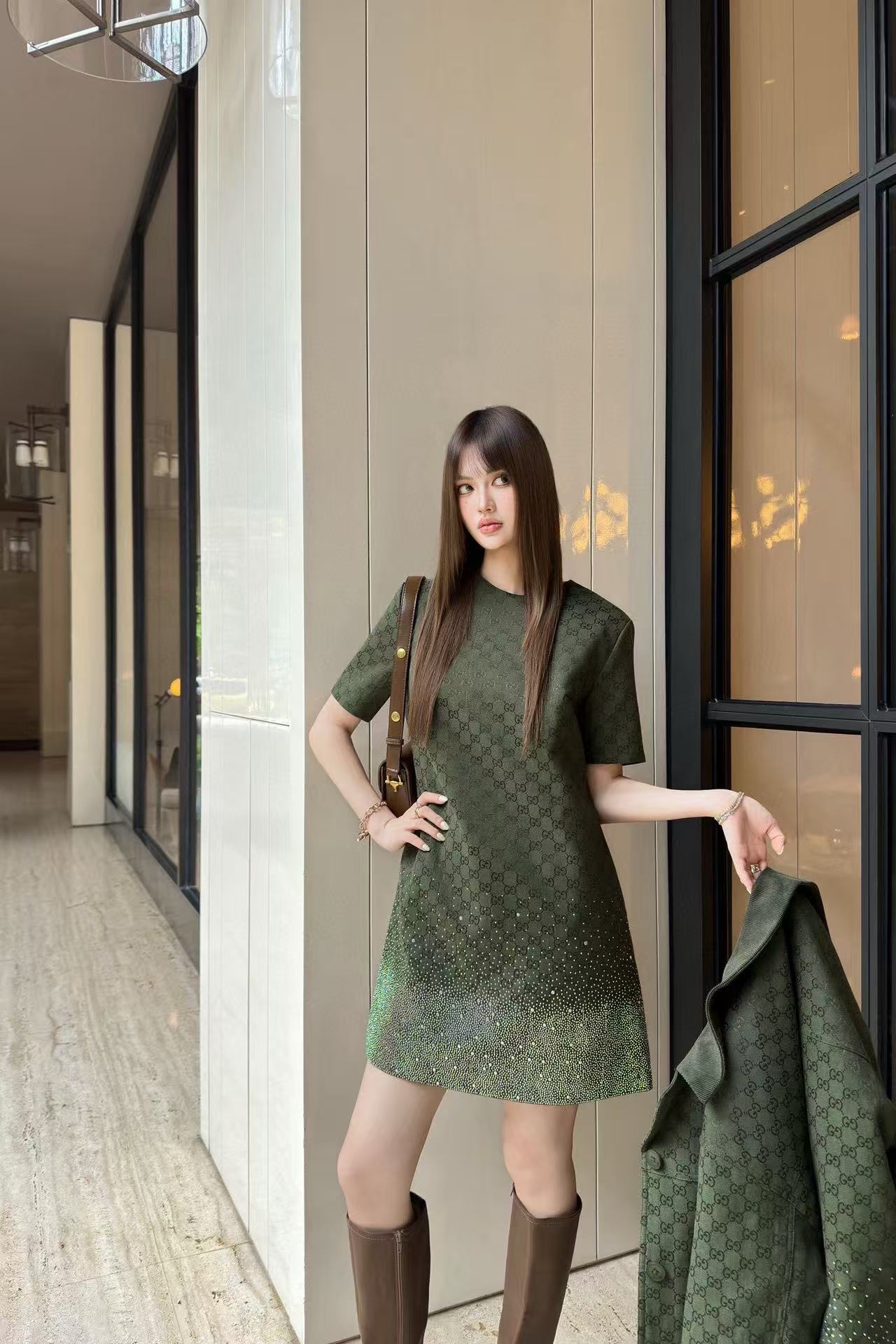 GUCC1 ホットダイヤモンドジャカード半袖ドレス【50％割引+送料無料】