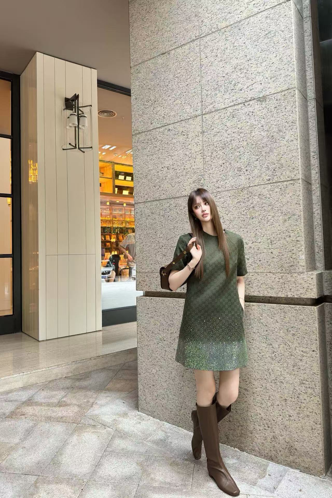 GUCC1 ホットダイヤモンドジャカード半袖ドレス【50％割引+送料無料】