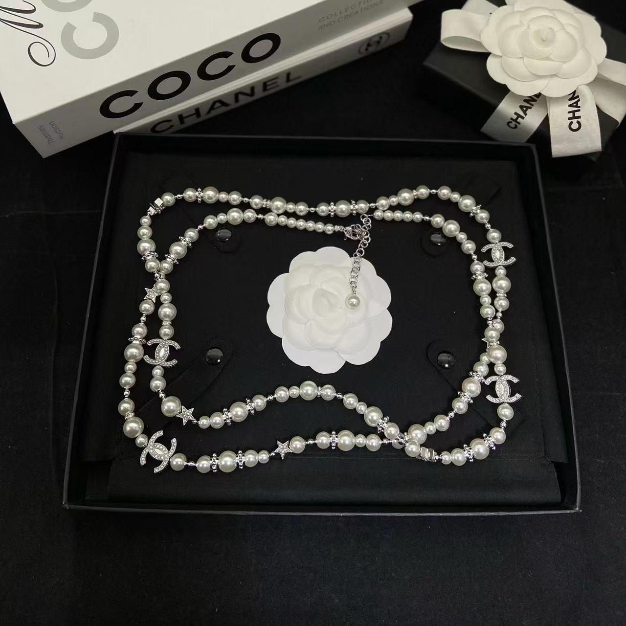 CHANE1 五芒星ダブルCパールセーターネックレス【50％割引+送料無料】