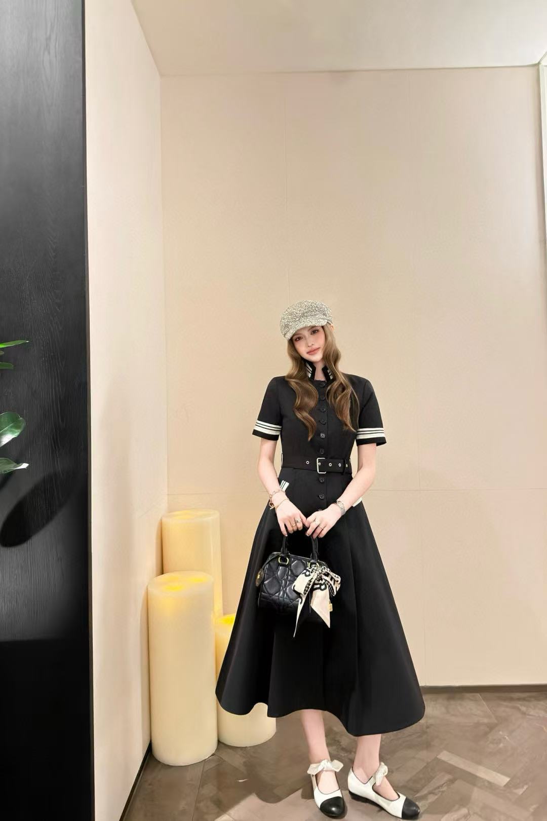 DI0R ラペルベルト付き半袖ドレス【50％割引+送料無料】