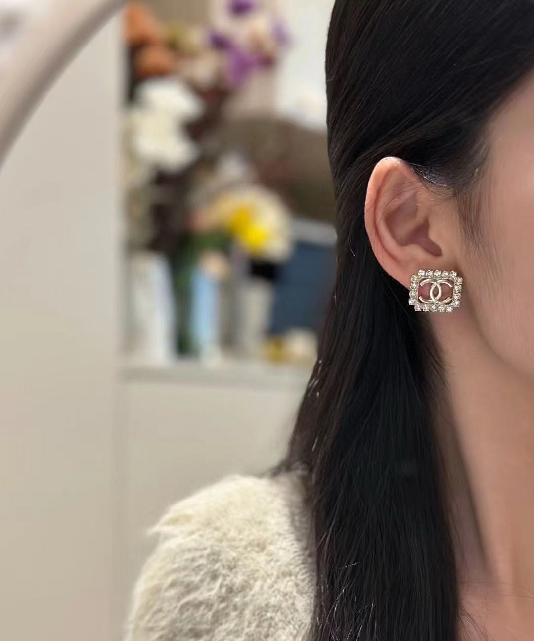 CHANE1 スクエア ダブルC ダイヤモンド イヤリング【50％割引+送料無料】