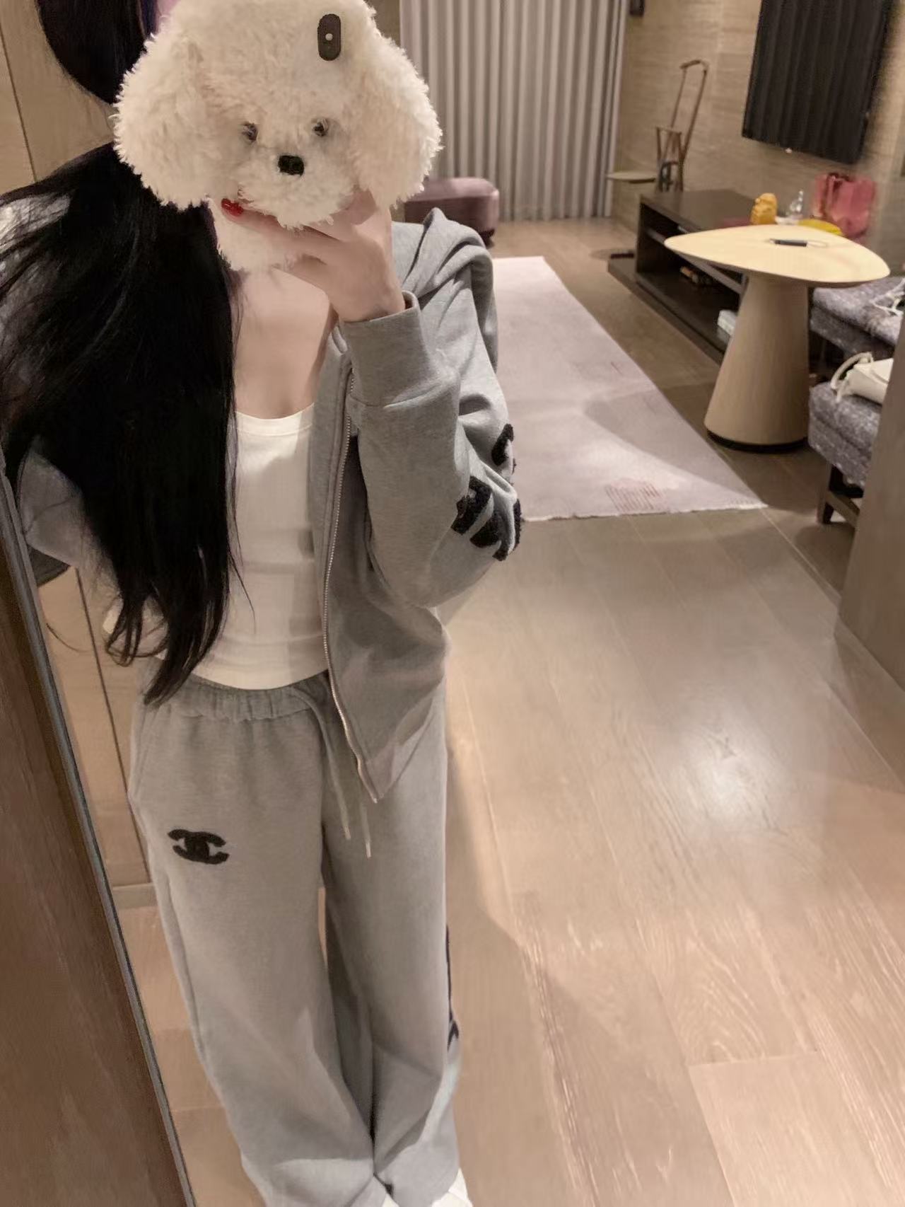 CHANE1 ダブルC フード付きフリース スウェットシャツ + パンツ ツーピースセット【50％割引+送料無料】