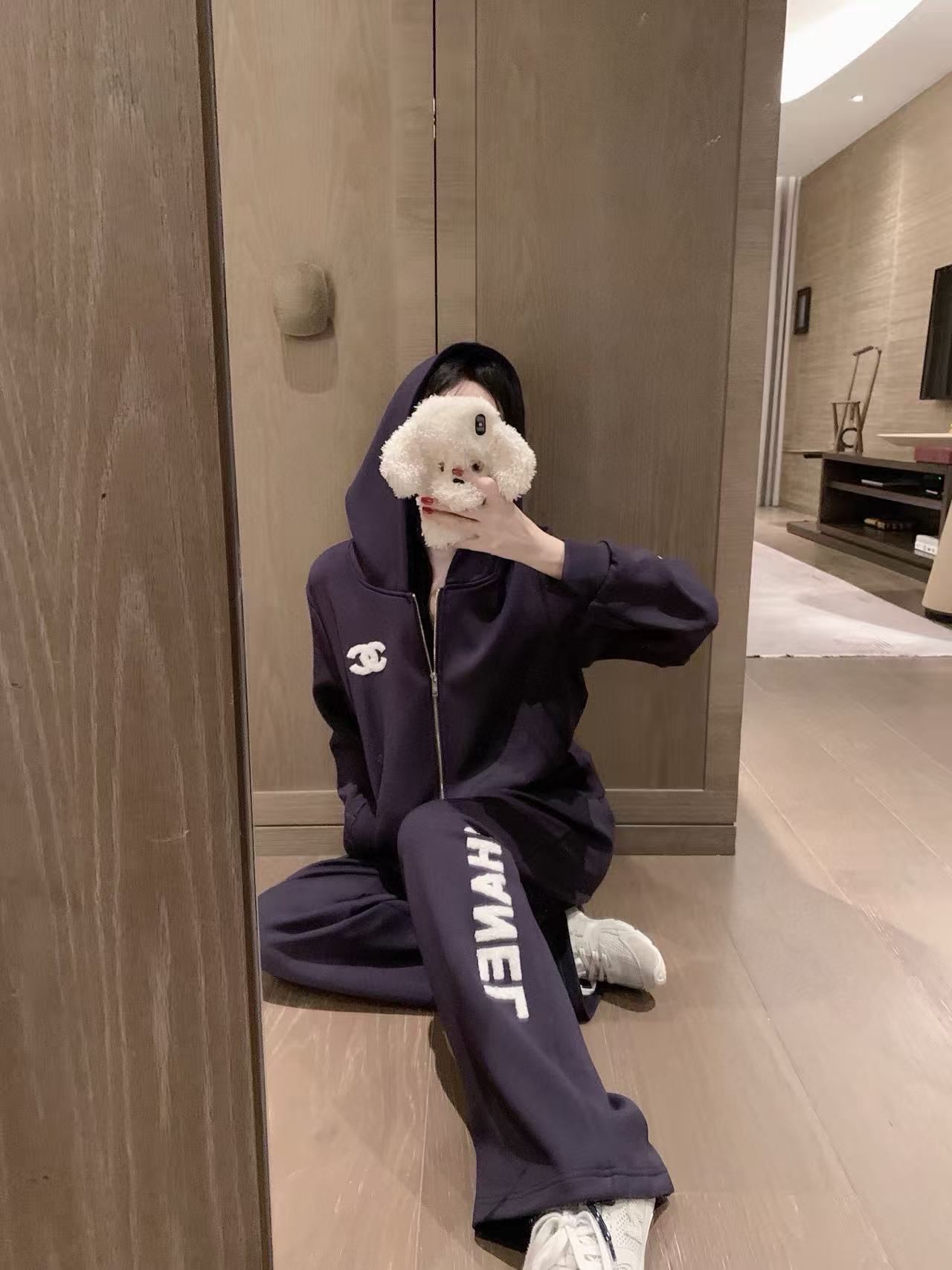 CHANE1 ダブルC フード付きフリース スウェットシャツ + パンツ ツーピースセット【50％割引+送料無料】