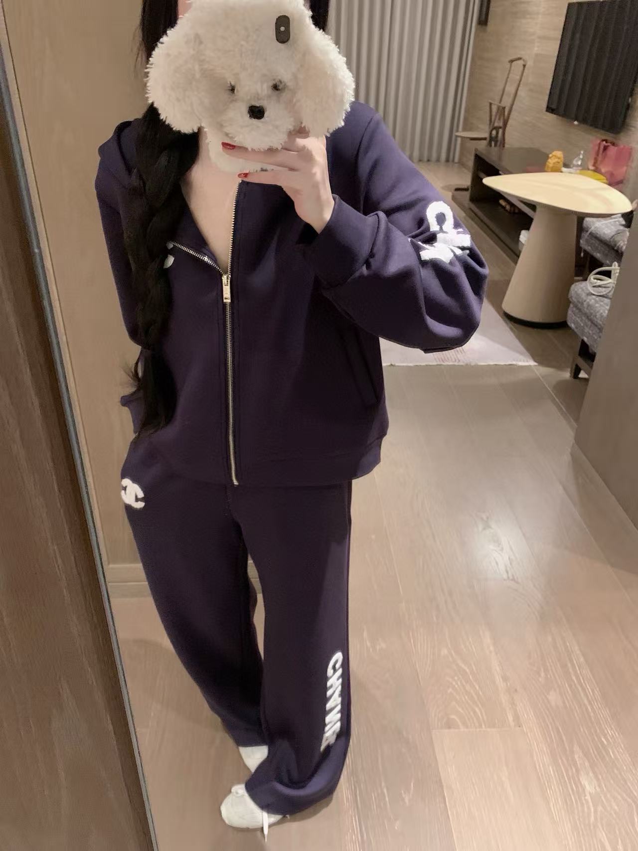 CHANE1 ダブルC フード付きフリース スウェットシャツ + パンツ ツーピースセット【50％割引+送料無料】