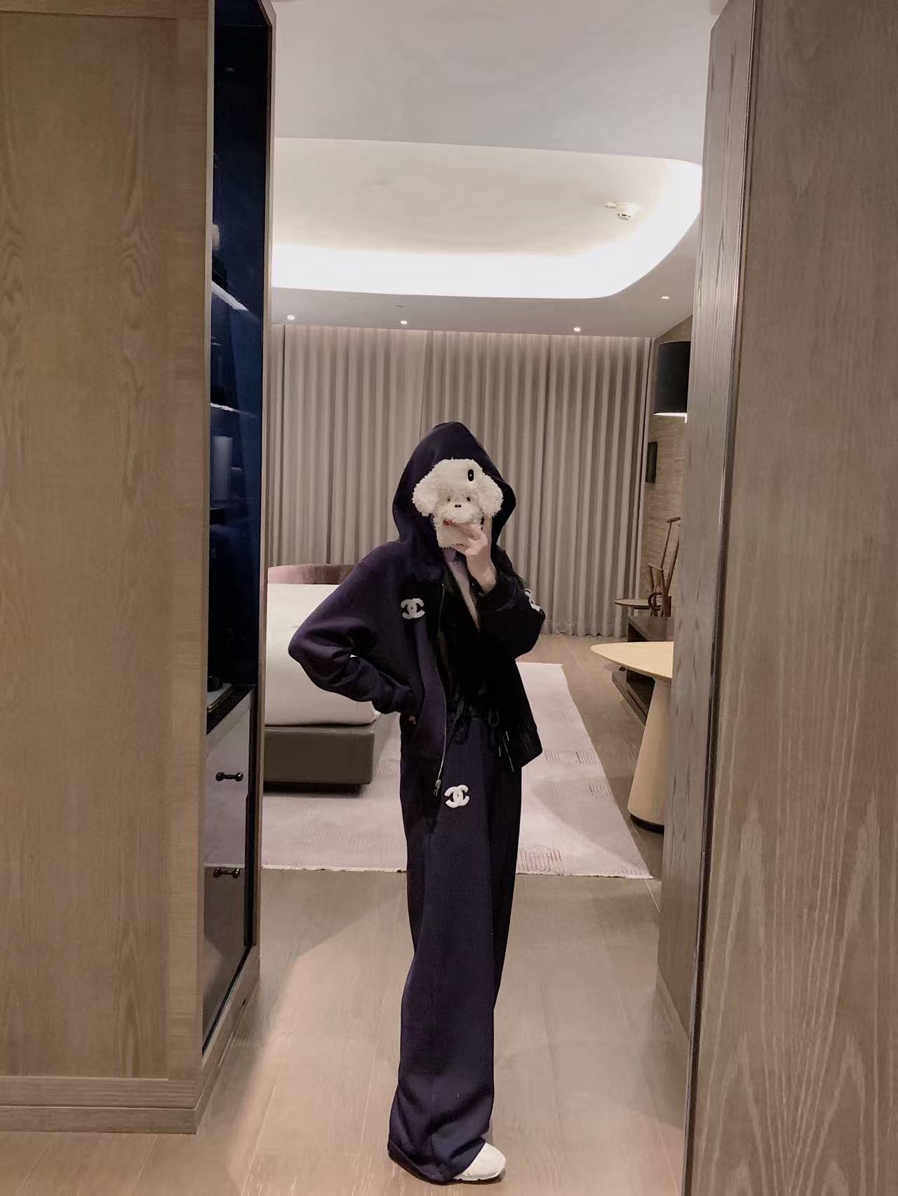 CHANE1 ダブルC フード付きフリース スウェットシャツ + パンツ ツーピースセット【50％割引+送料無料】