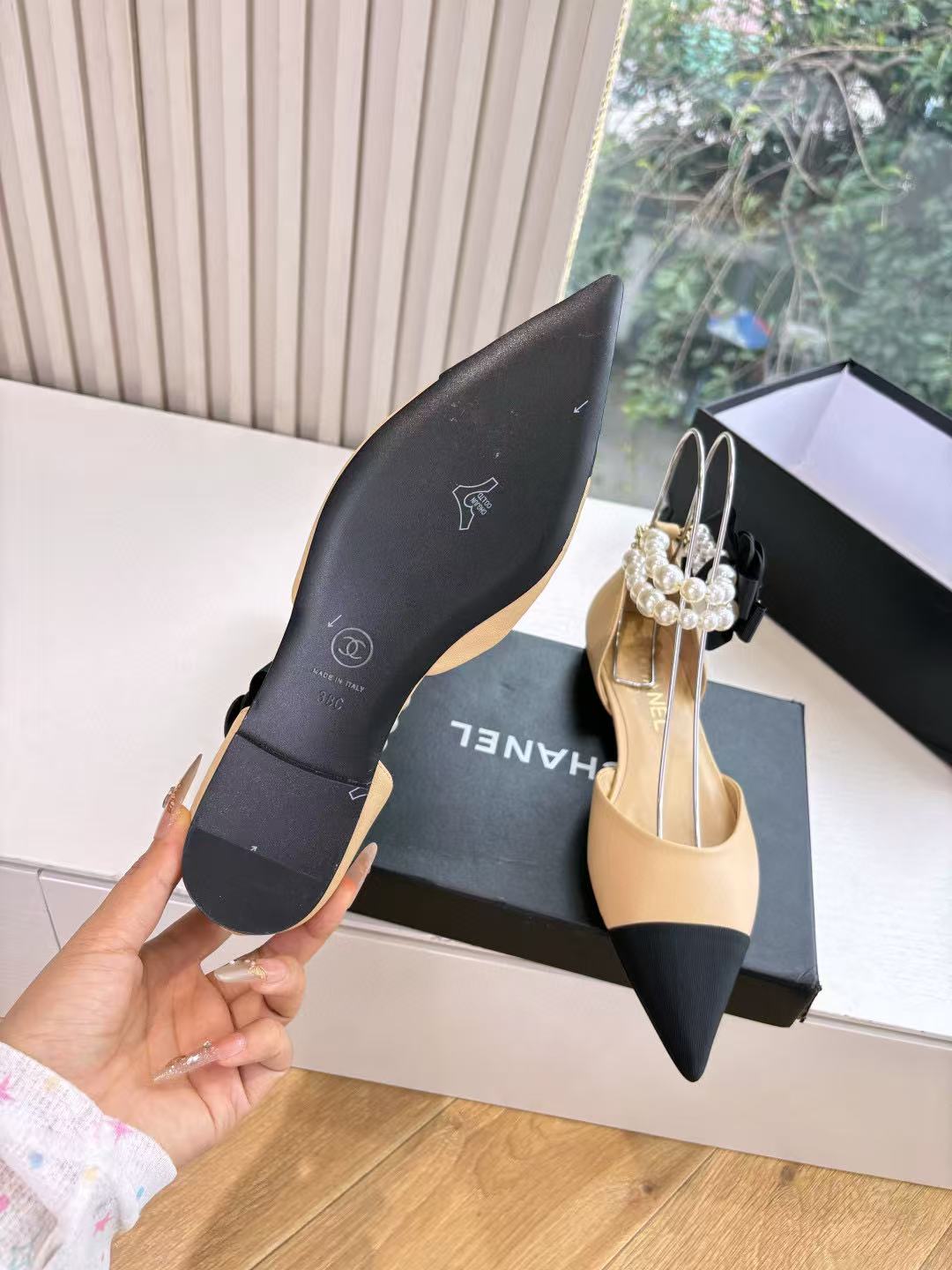 CHANE1 高品質ラムスキンパールフラットシューズ【50％割引+送料無料】