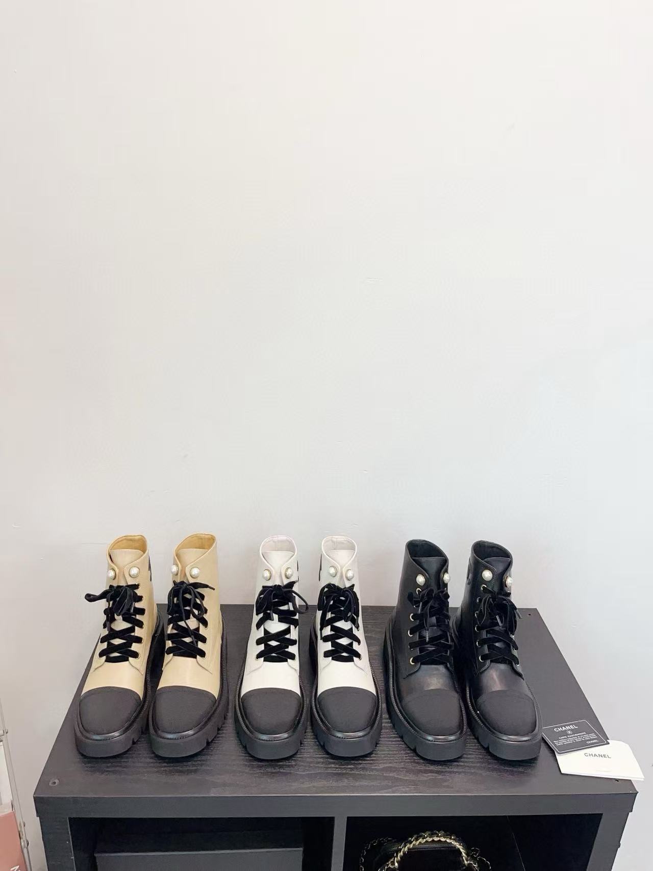 CHANE1 高品質パールレースアップアンクルブーツ【50％割引+送料無料】