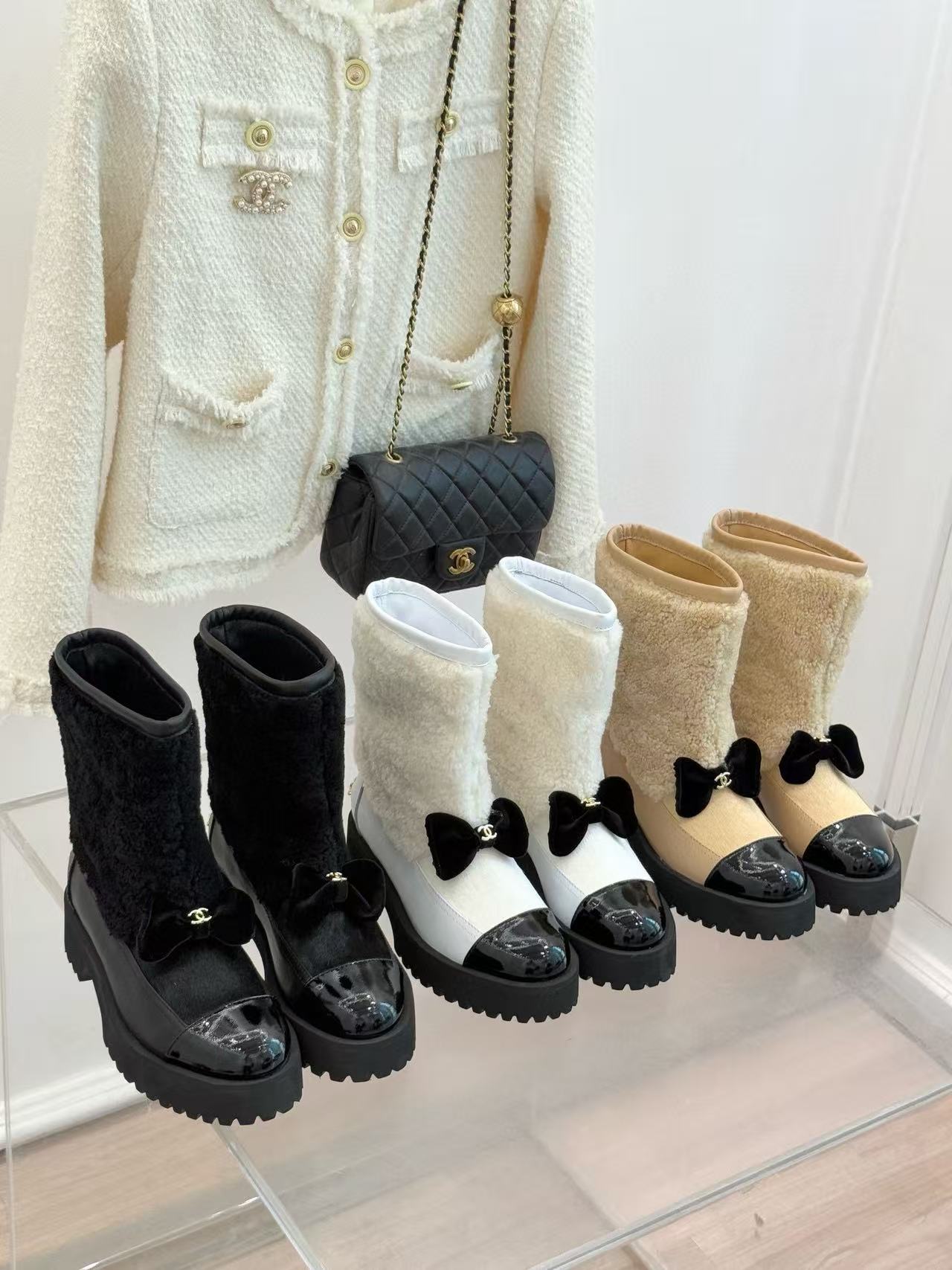 CHANE1 高品質ボウタイラムウールアンクルブーツ【50％割引+送料無料】