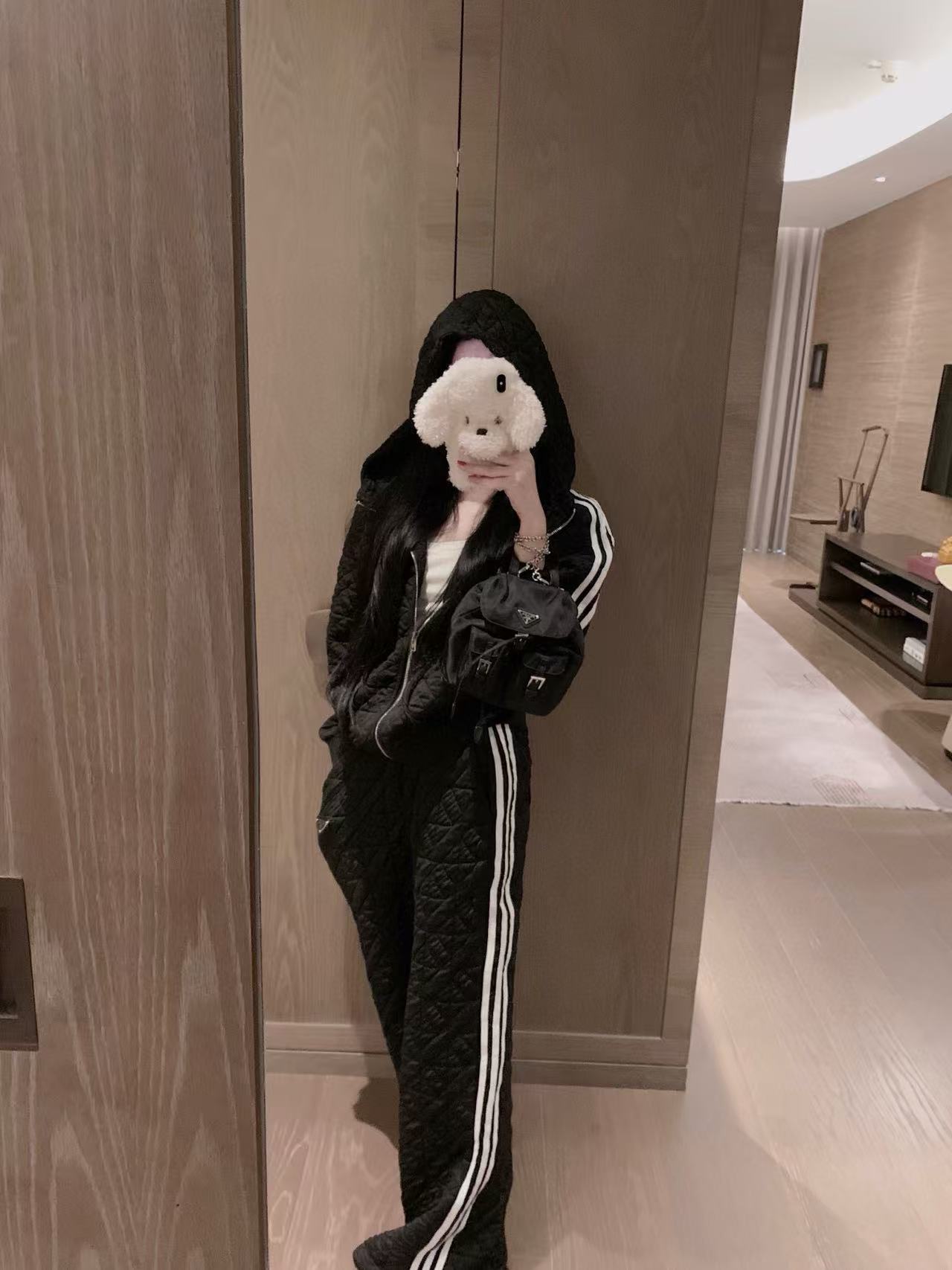 PR4DA チェック柄フード付きジャケット+パンツ ツーピースセット【50％割引+送料無料】