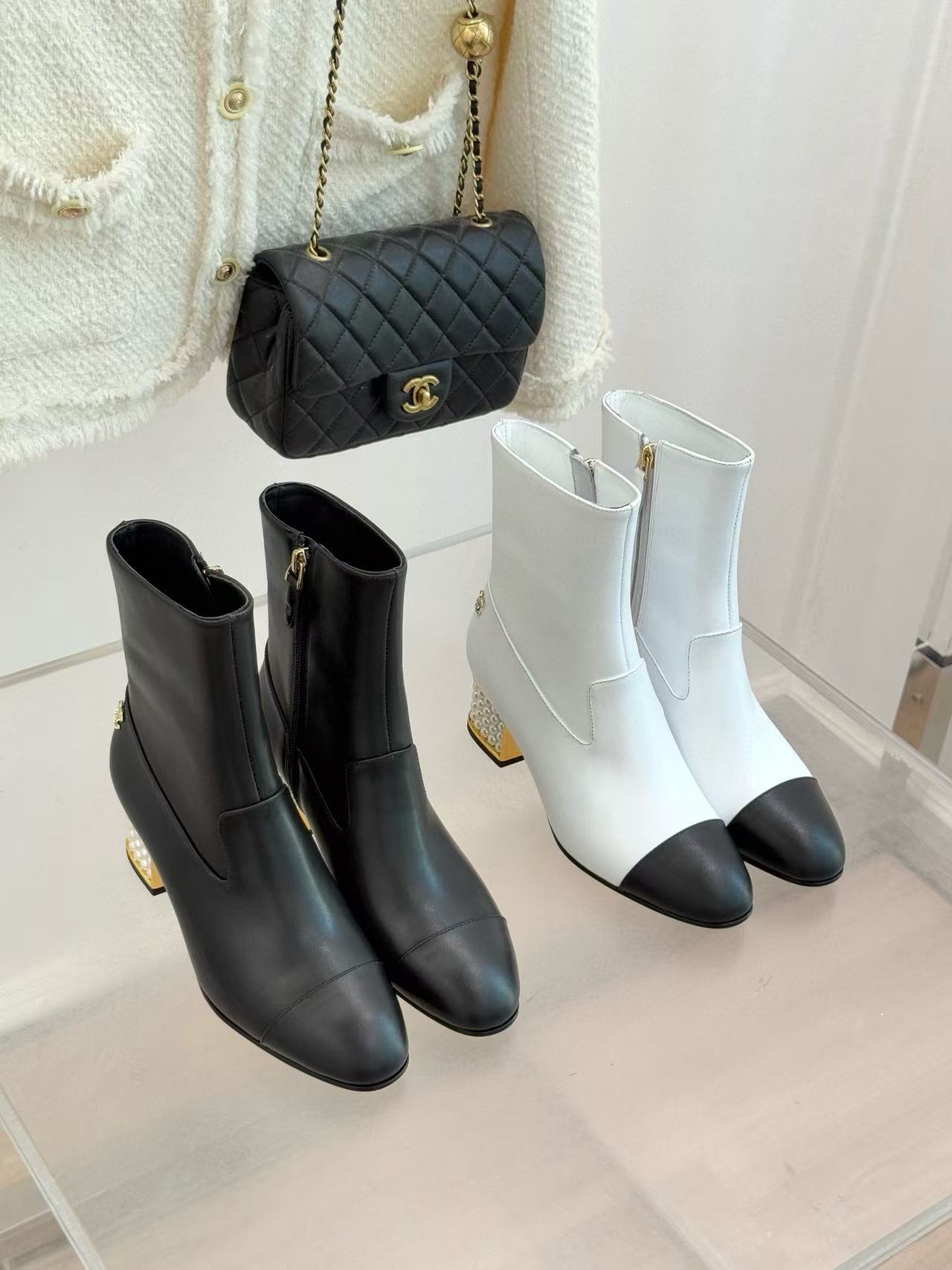 CHANE1 パールチャンキーヒール ローヒール アンクルブーツ【50％割引+送料無料】