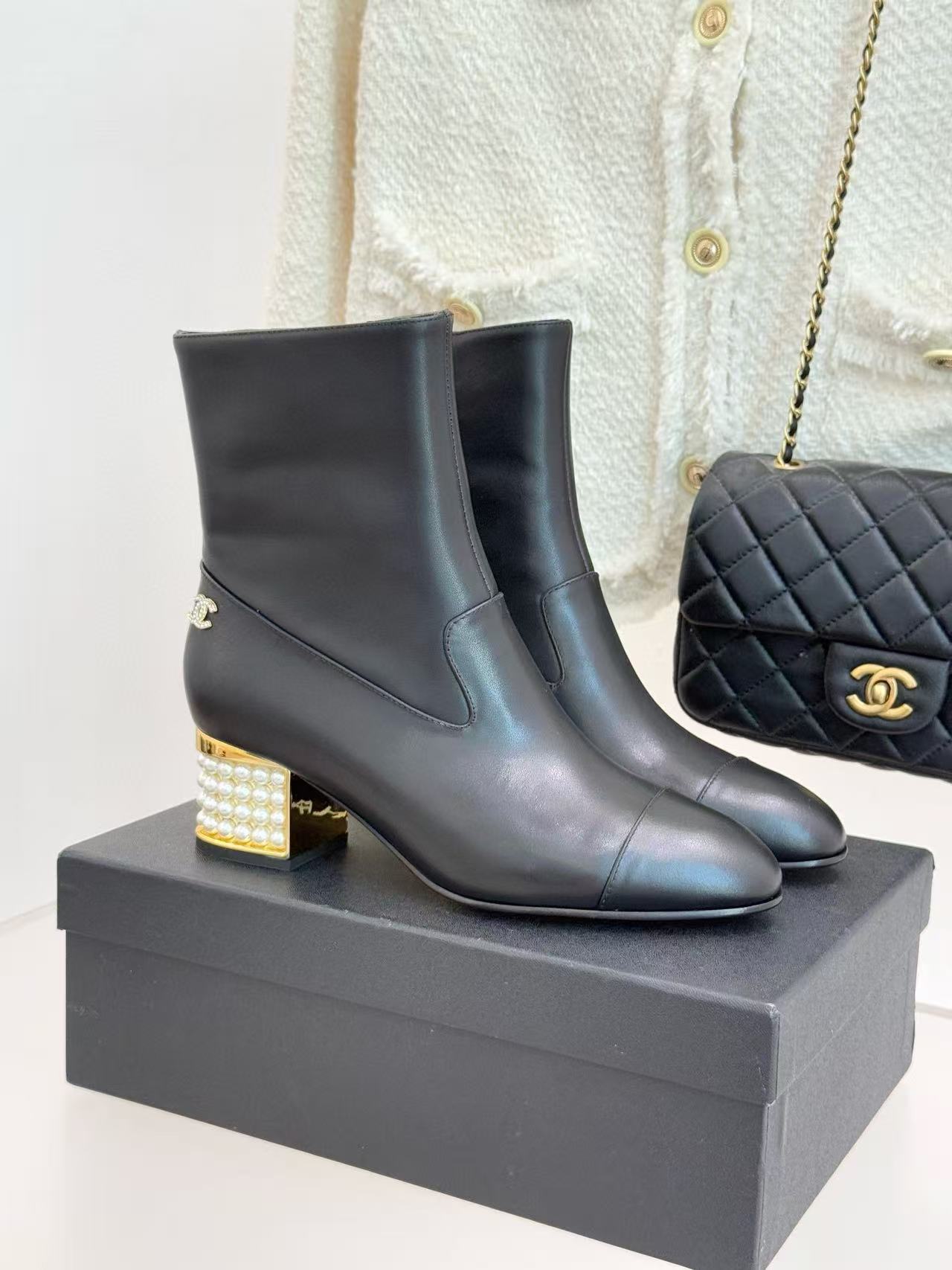CHANE1 パールチャンキーヒール ローヒール アンクルブーツ【50％割引+送料無料】