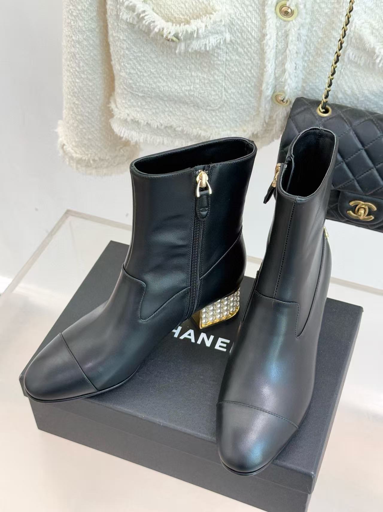 CHANE1 パールチャンキーヒール ローヒール アンクルブーツ【50％割引+送料無料】