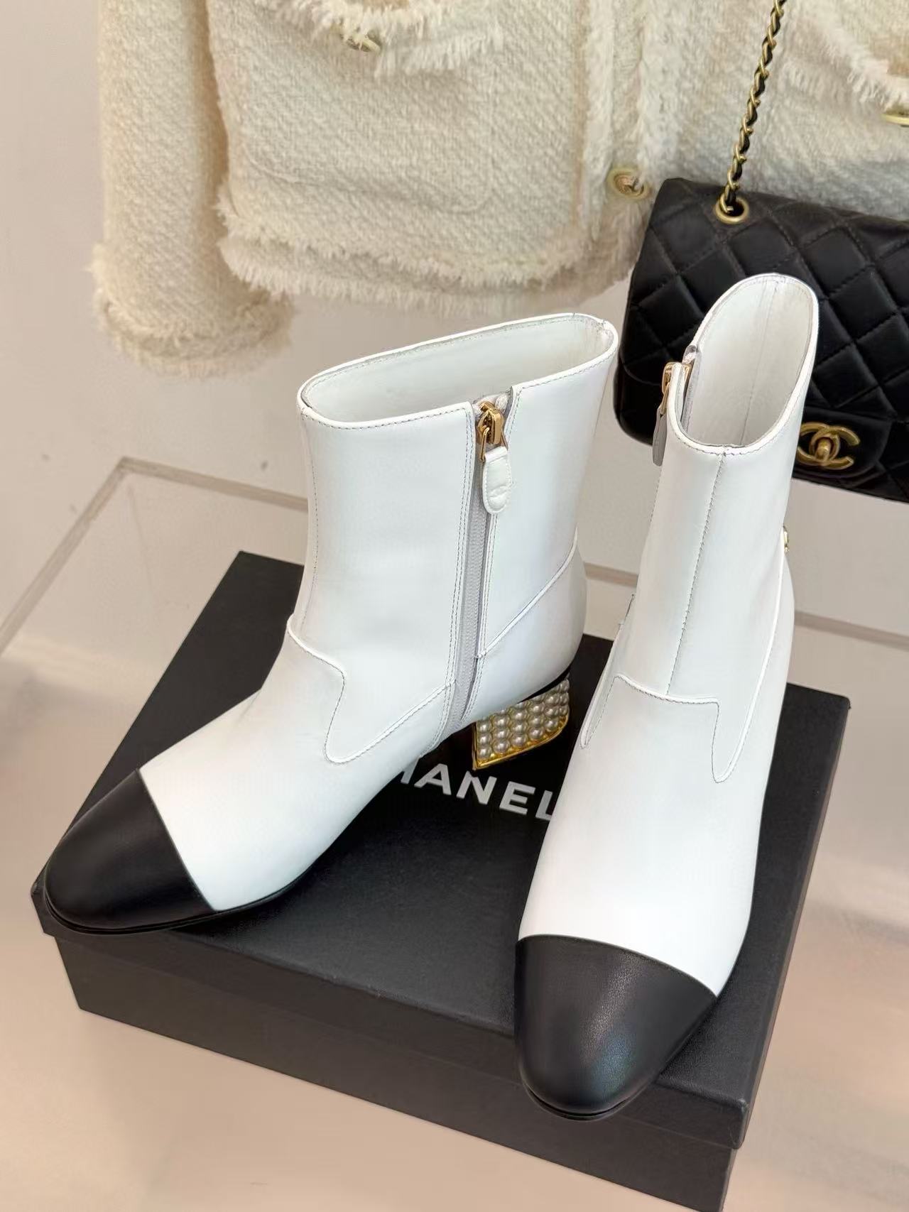 CHANE1 パールチャンキーヒール ローヒール アンクルブーツ【50％割引+送料無料】