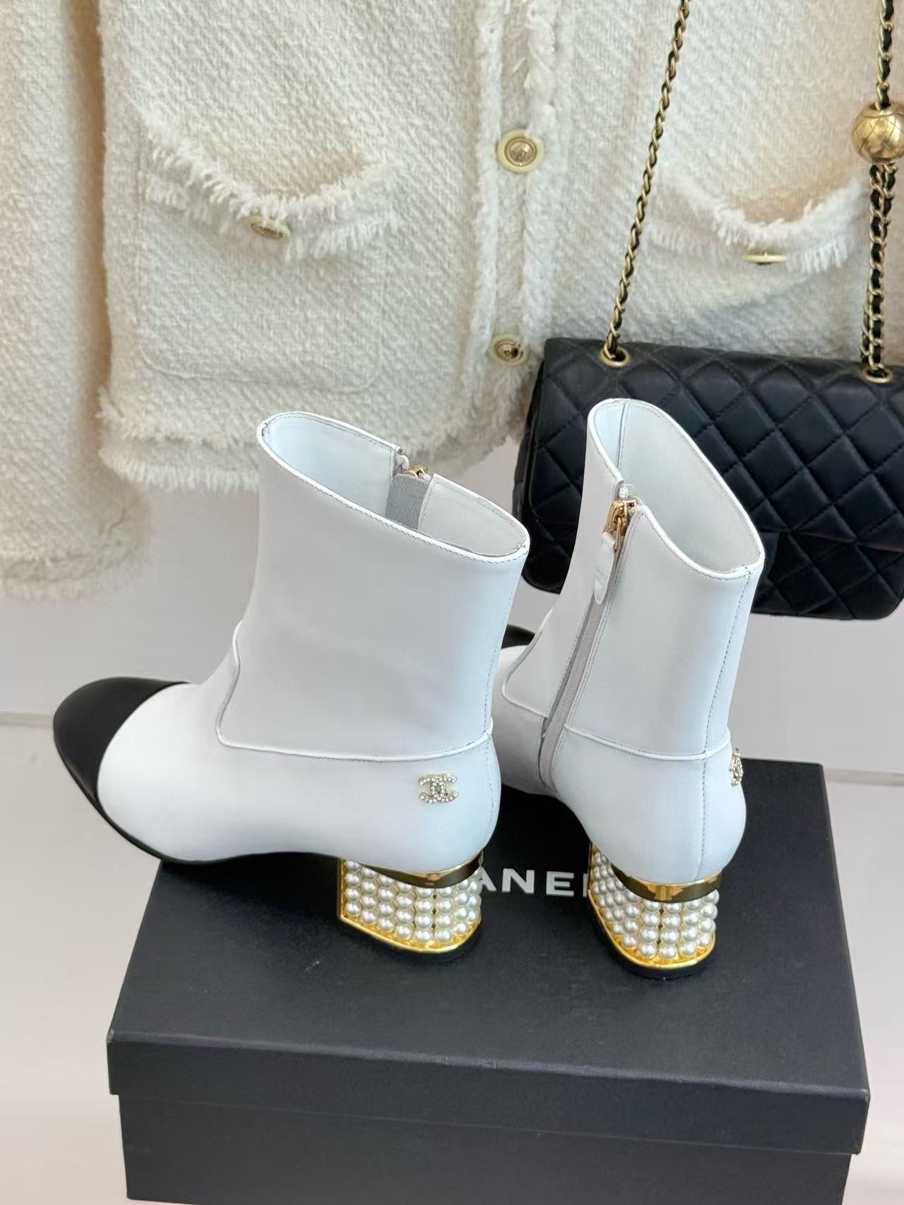 CHANE1 パールチャンキーヒール ローヒール アンクルブーツ【50％割引+送料無料】
