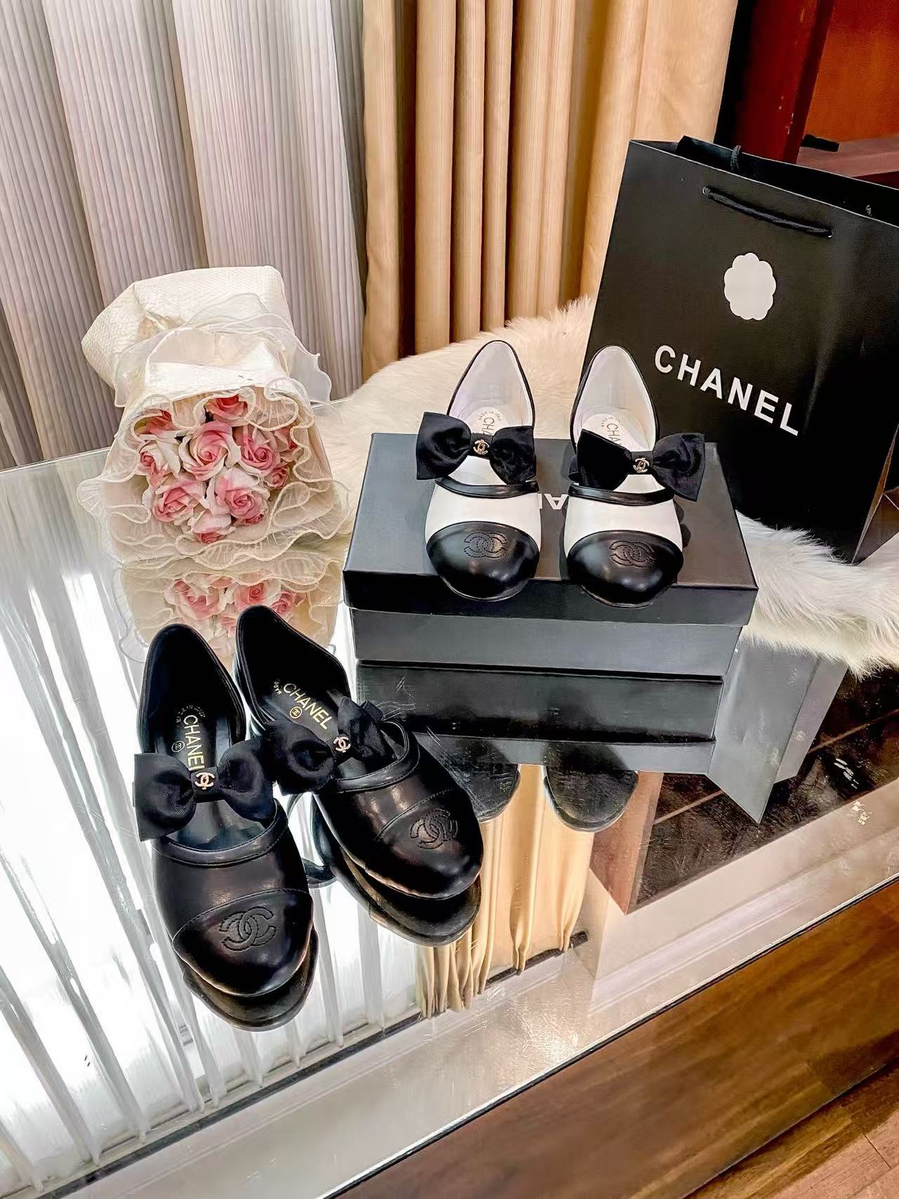 CHANE1 ダブルC ボウ フラットシューズ【50％割引+送料無料】