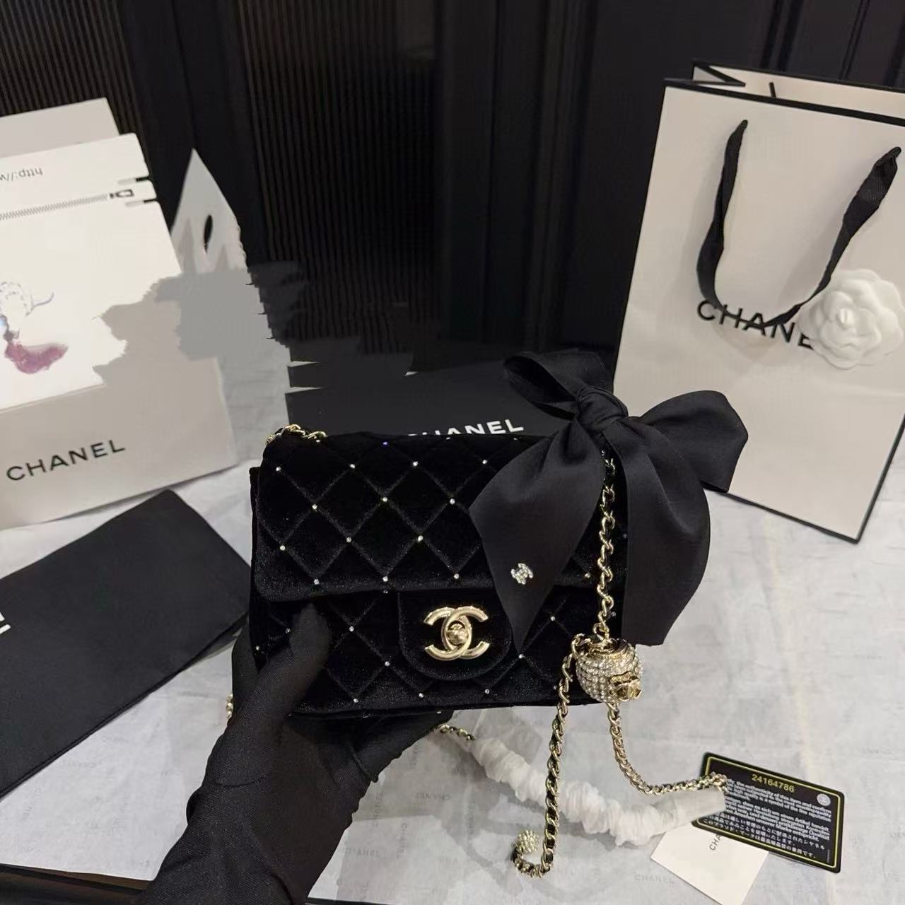 CHANE1ベルベットチェーンラインストーンボールチェーンバッグ【50％割引+送料無料】