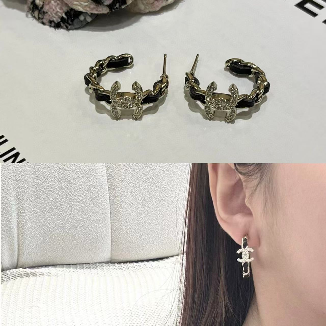 CHANE1 ダブルC レザーフープイヤリング【50％割引+送料無料】