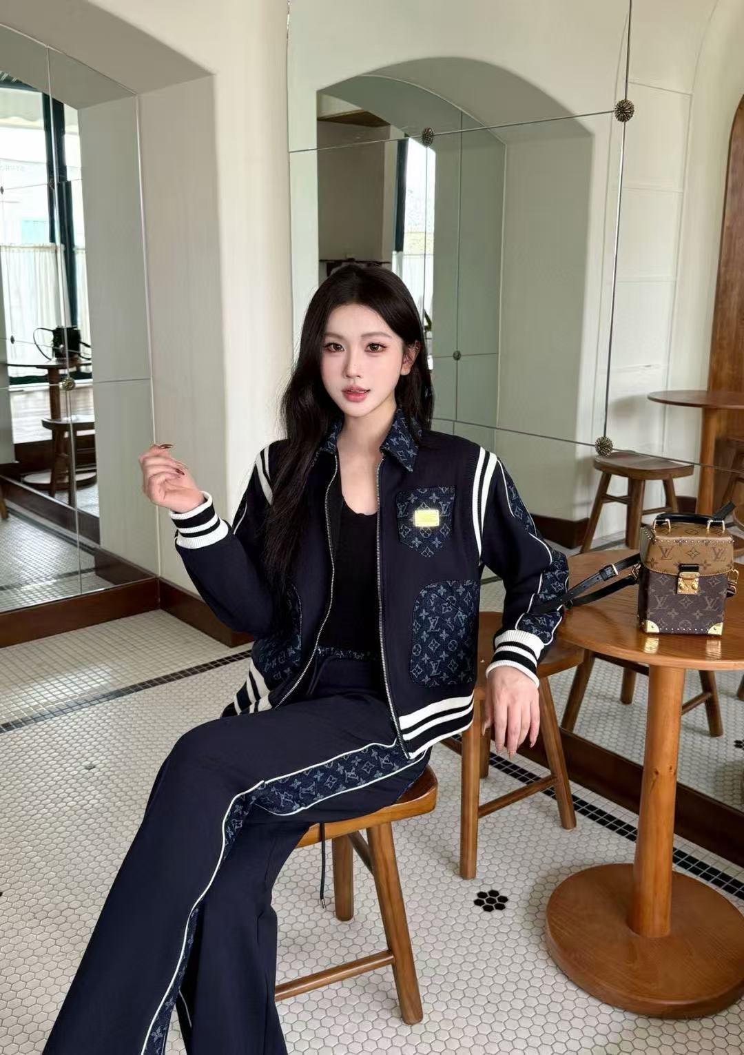 LVプリントポケットジップアップジャケット+パンツのツーピースセット【50％割引+送料無料】