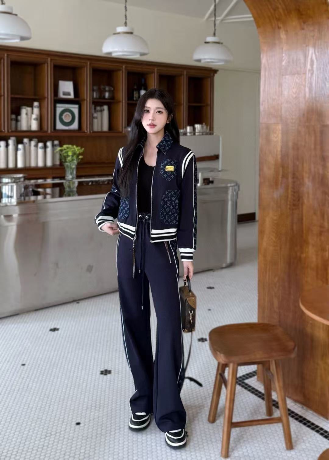 LVプリントポケットジップアップジャケット+パンツのツーピースセット【50％割引+送料無料】