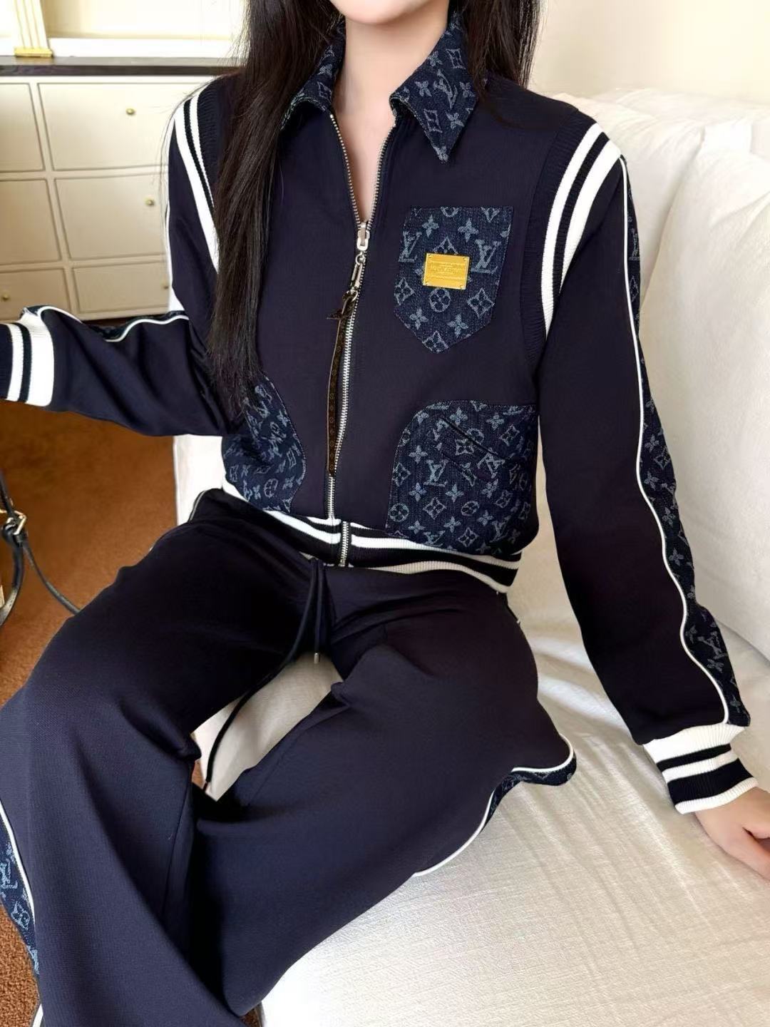 LVプリントポケットジップアップジャケット+パンツのツーピースセット【50％割引+送料無料】