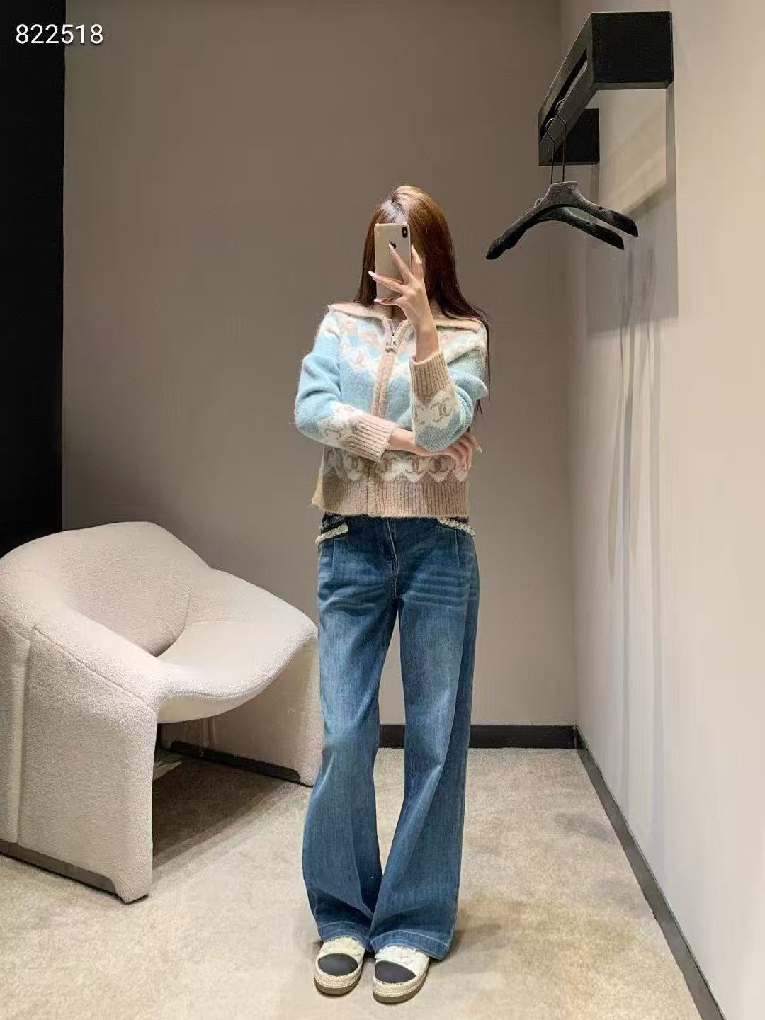 CHANE1 ダブルC カラーブロック ジップアップ カーディガン【50％割引+送料無料】