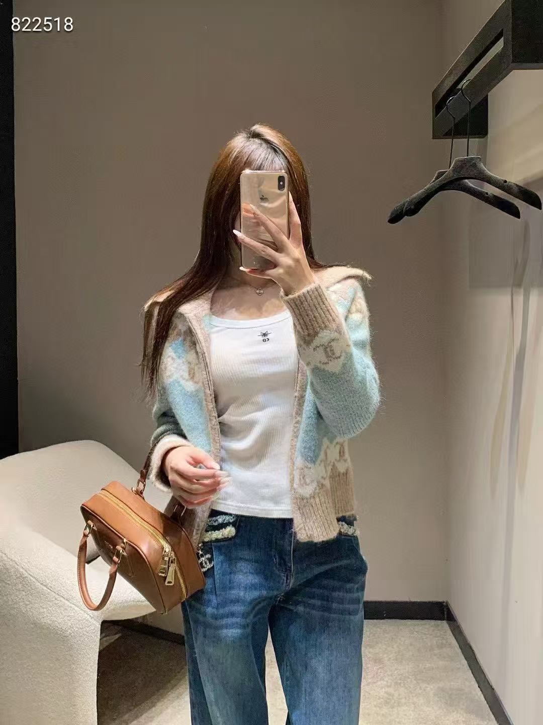 CHANE1 ダブルC カラーブロック ジップアップ カーディガン【50％割引+送料無料】