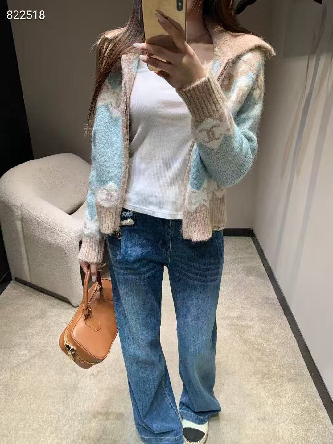 CHANE1 ダブルC カラーブロック ジップアップ カーディガン【50％割引+送料無料】